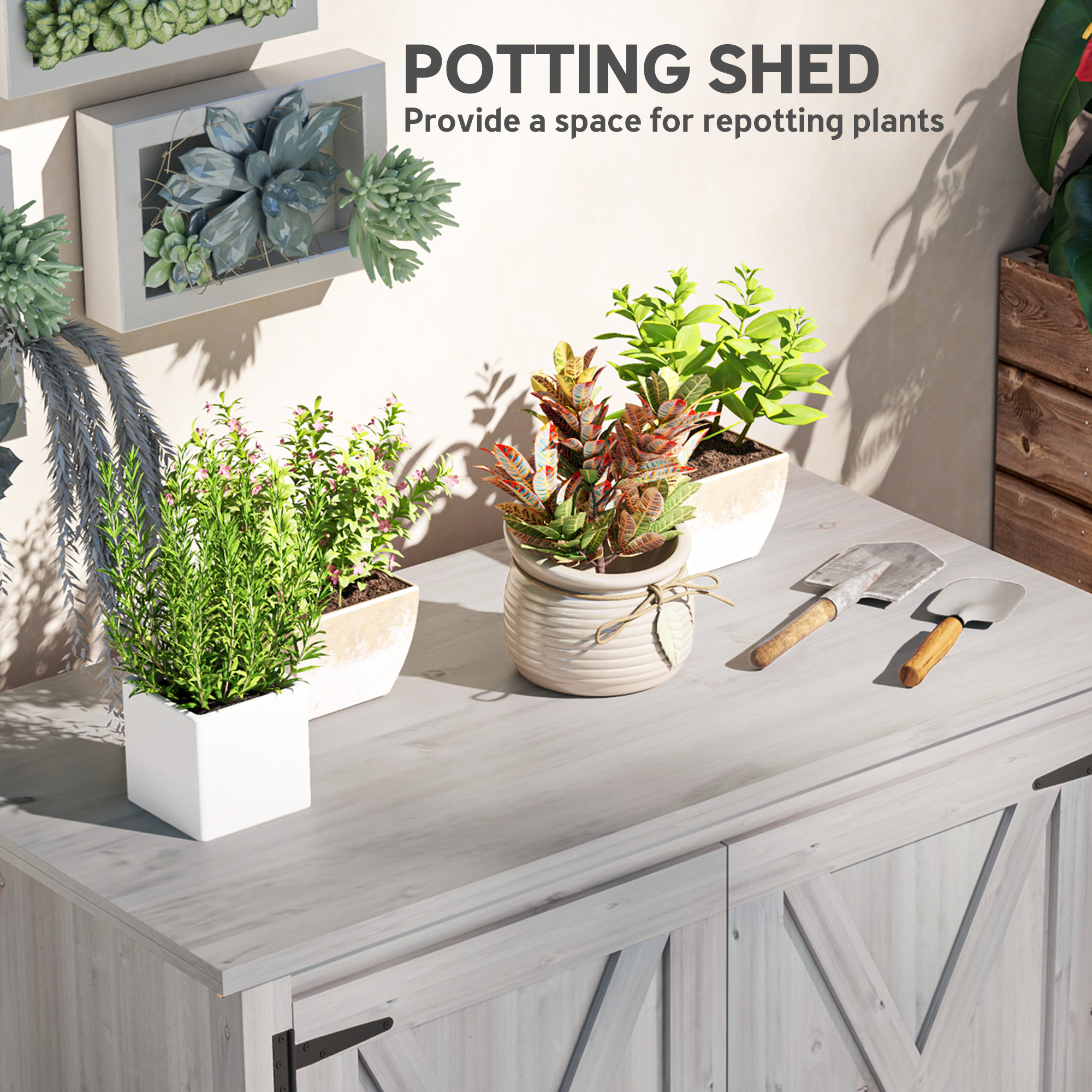Outsunny Wooden Garden Shed, Outdoor Fir Wood Storage Shed with Shelf and Double Doors, Light Grey 5