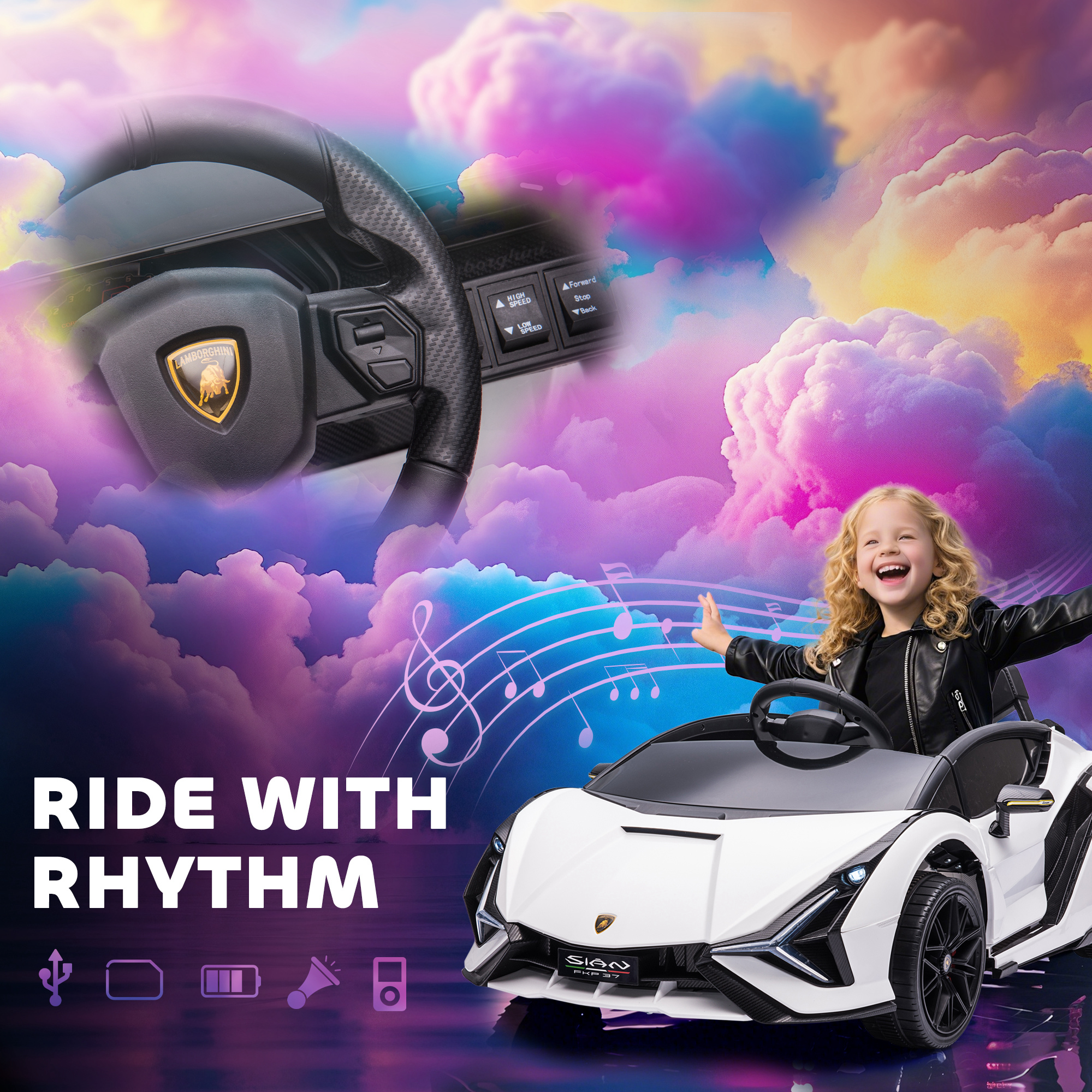 HOMCOM Lamborghini Sian Licensed 12V Electric Car for Kids 2 Motors Toy Car with Remote Control Music Lights MP3 for 3-5 Years White 6