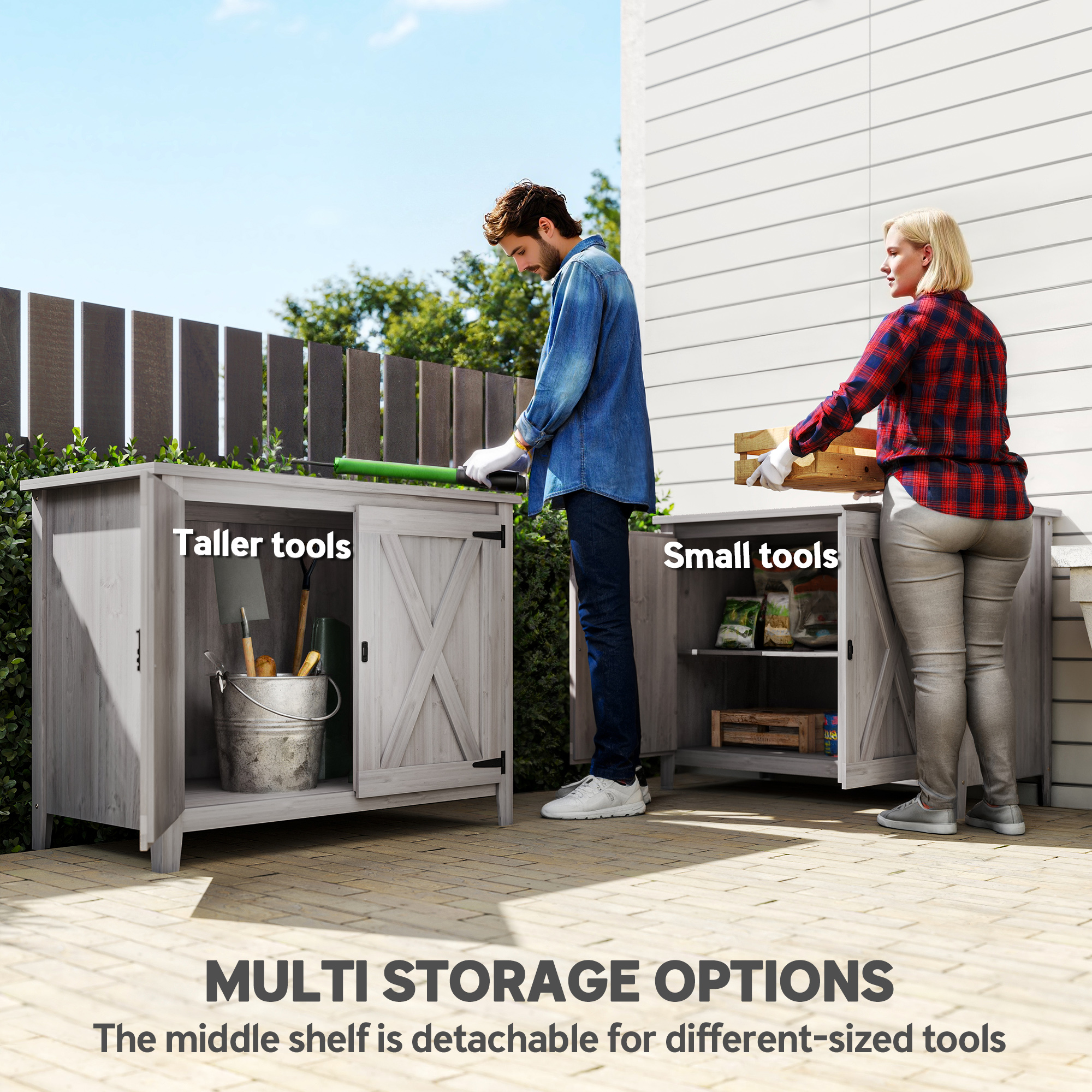 Outsunny Wooden Garden Shed, Outdoor Fir Wood Storage Shed with Shelf and Double Doors, Light Grey 4