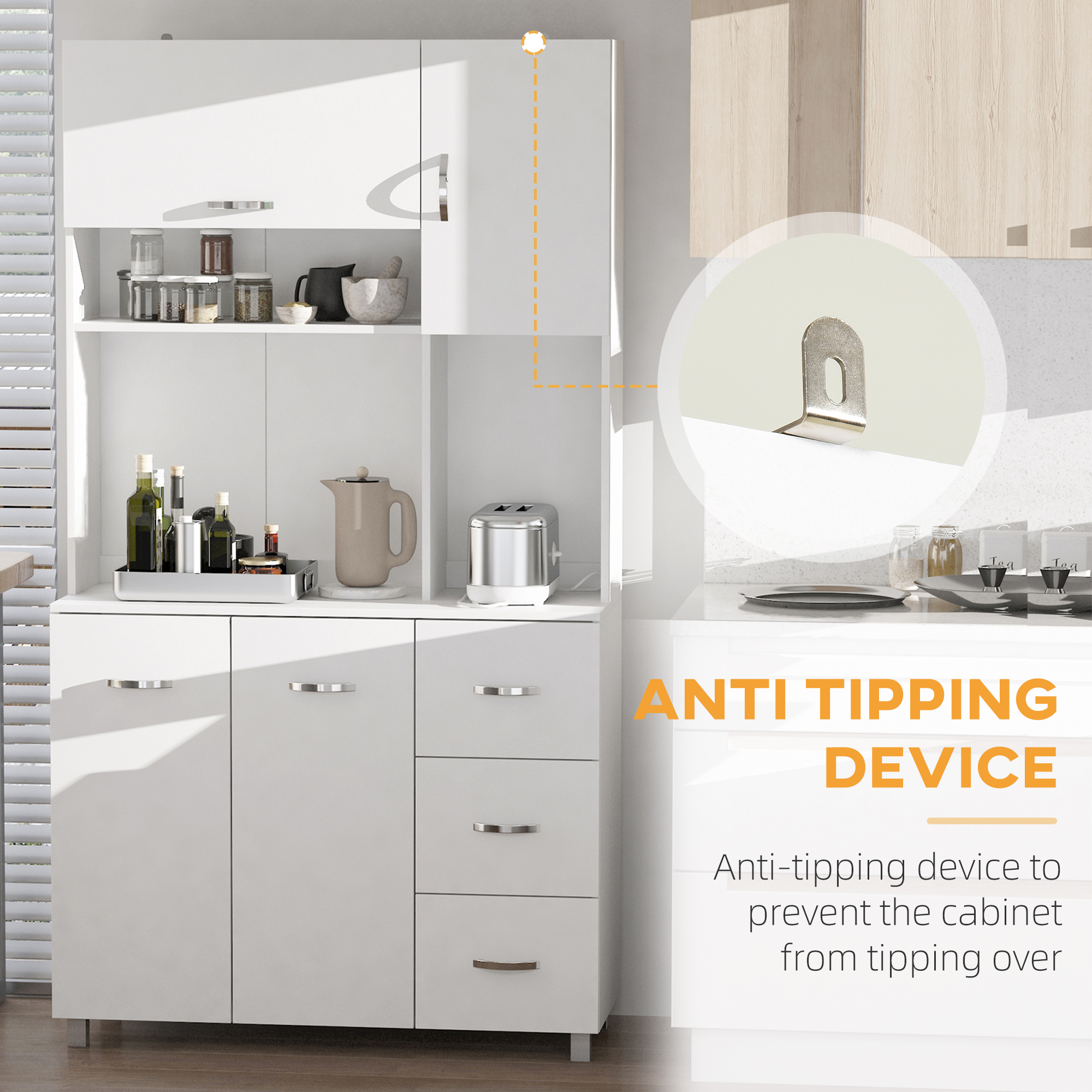 HOMCOM Kitchen Cupboard, 183cm Tall Storage Cabinet with Countertop, Sideboard with 3 Small Drawers, Flip Up Top Door, 3 Cabinet Doors and Open Shelves, 100W x 39.5D x 183.5H cm, White 7