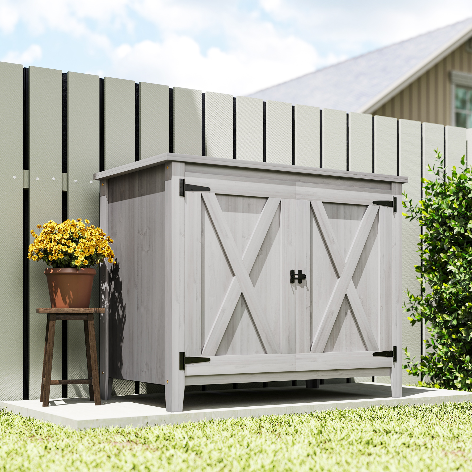 Outsunny Wooden Garden Shed, Outdoor Fir Wood Storage Shed with Shelf and Double Doors, Light Grey 8