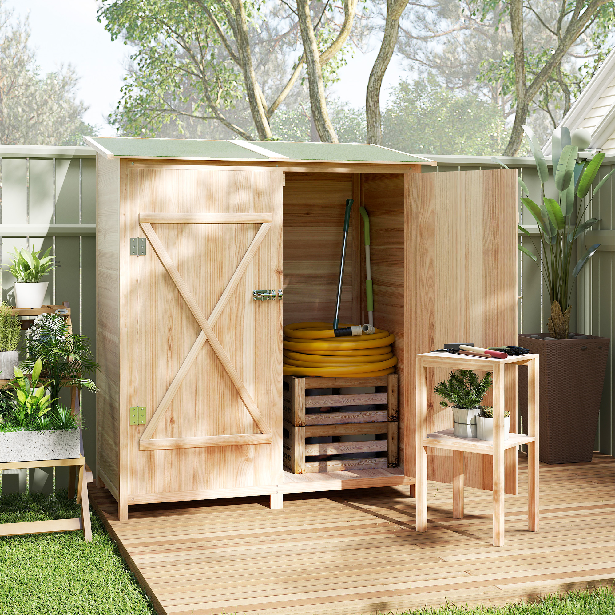 Outsunny 140 x 75 Fir Wood Garden Shed, with Asphalt Roof Natural 9