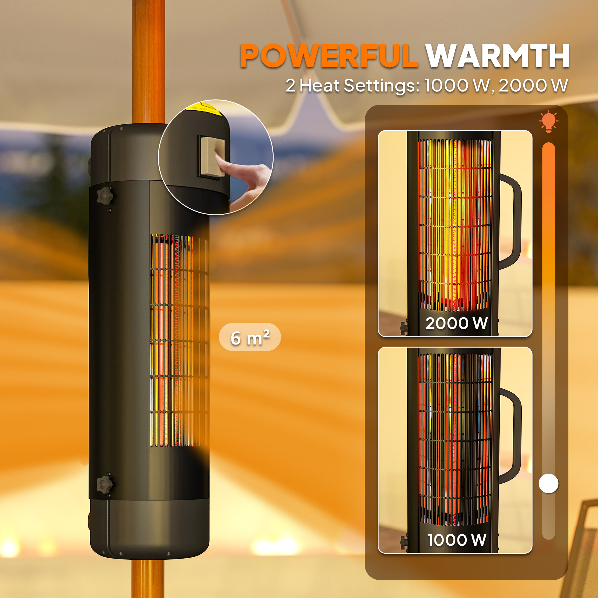 Outsunny Electric Umbrella Parasol Mounted Patio Heater for 25-70 mm Poles, 2000 W Outdoor Garden Heater with 2 Heat Setting, 6 ㎡ Coverage, Tip-Over Protection, Black 5
