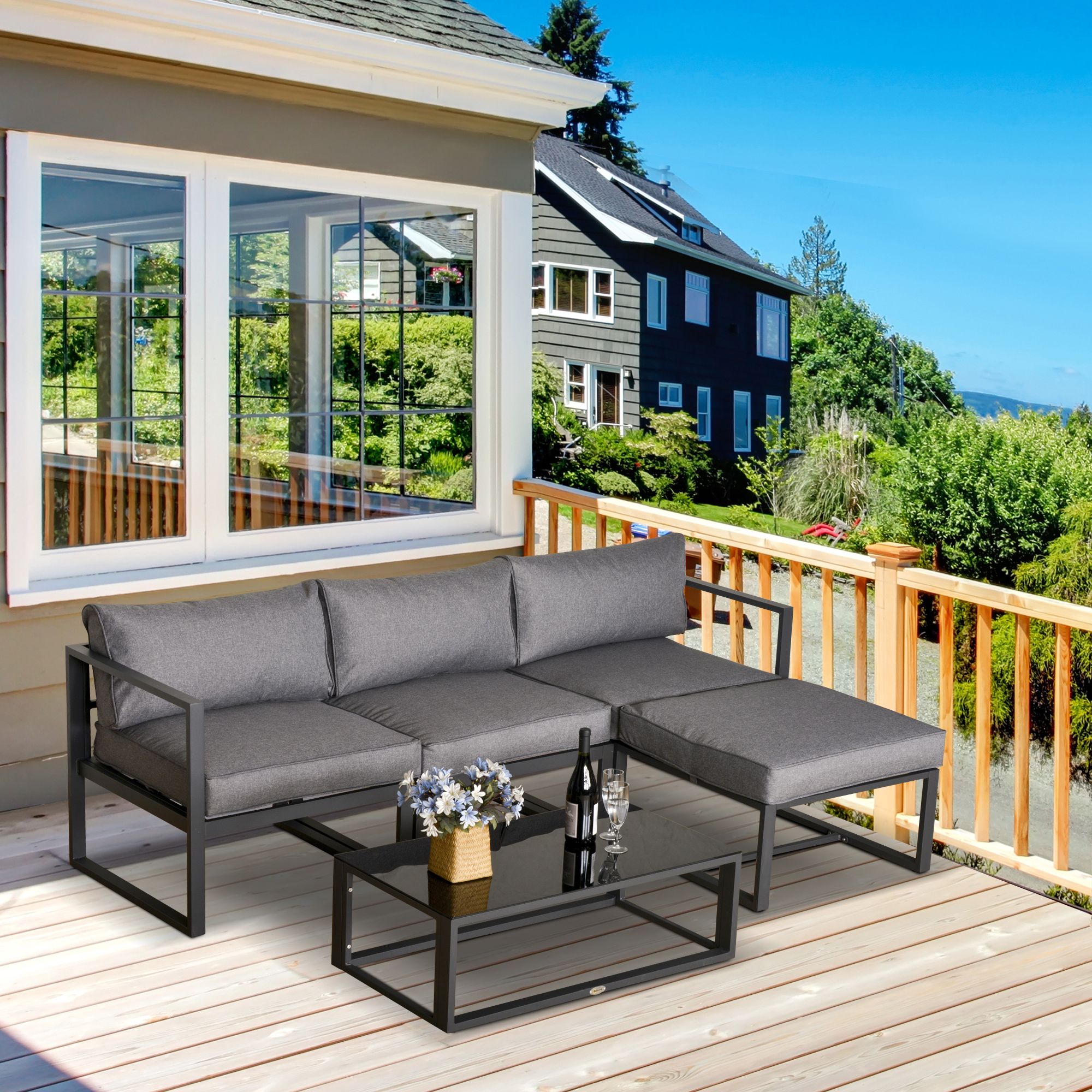 Outsunny 5 Pieces Outdoor Patio Furniture Set, Sofa Couch with Glass Coffee Table, Cushioned Chairs and Aluminum Tube, for Balcony Garden Backyard, Grey 2