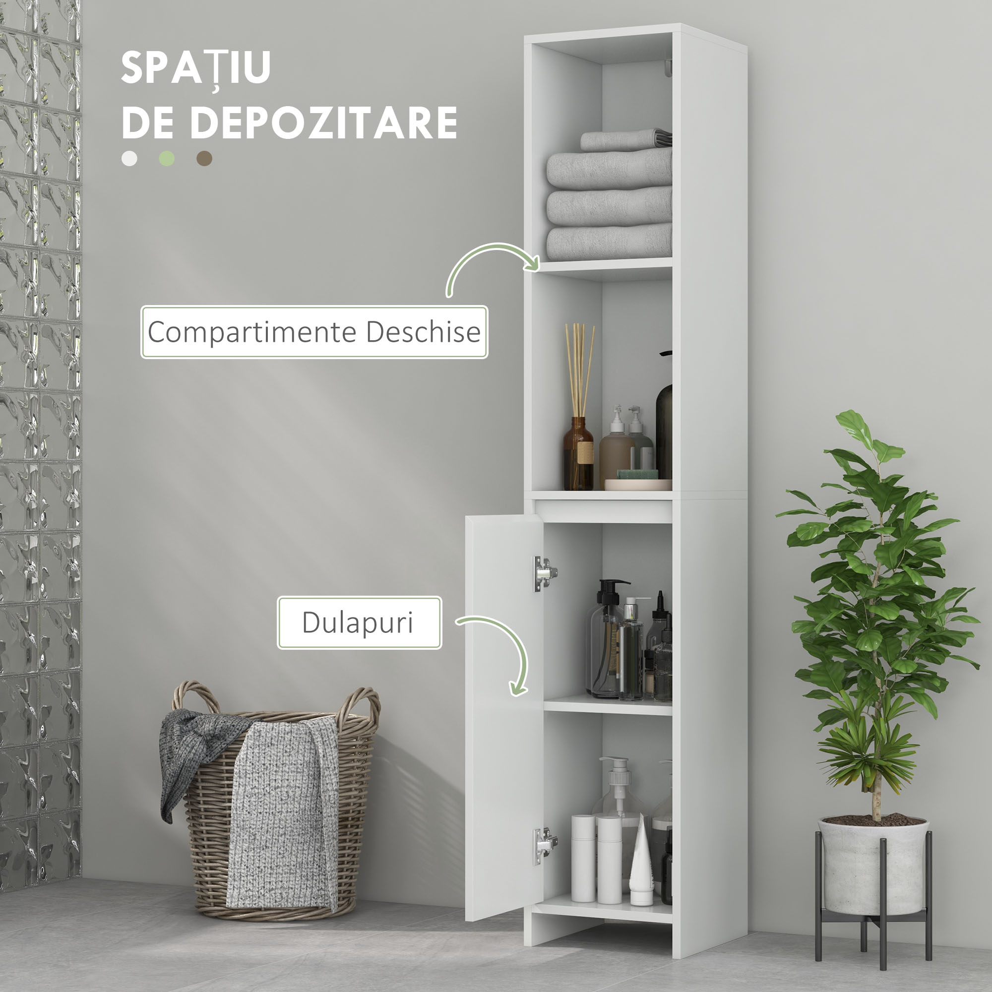  Dulap de Baie cu Dulapior si 2 Compartimente Deschise, Mobilier Baie cu Spatiu de Depozitare, 30x30x160 cm, Alb [3]