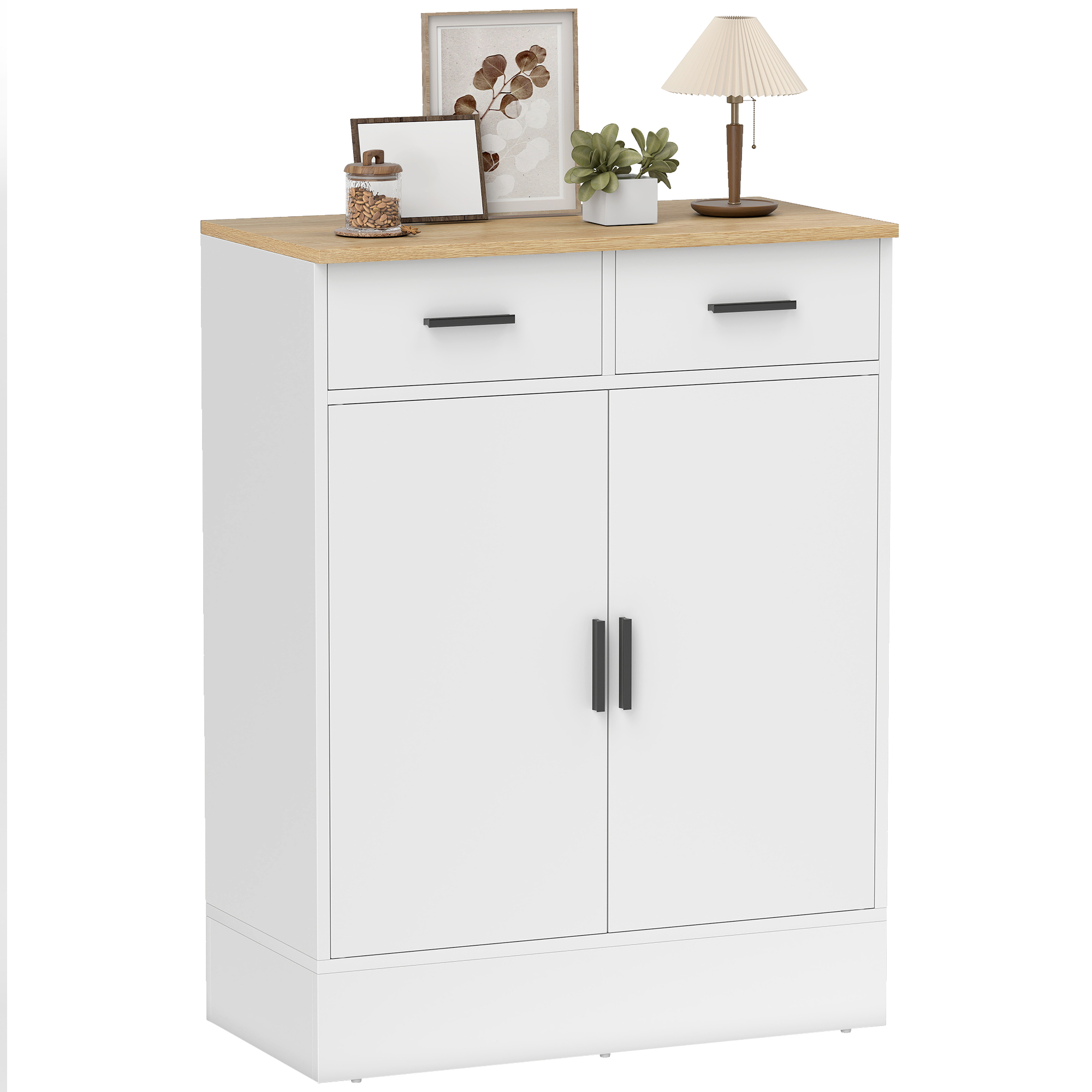 HOMCOM Buffet avec rangement, commode à 2 tiroirs, étagère réglable, pour cuisine, salon, couloir, bois naturel, blanc