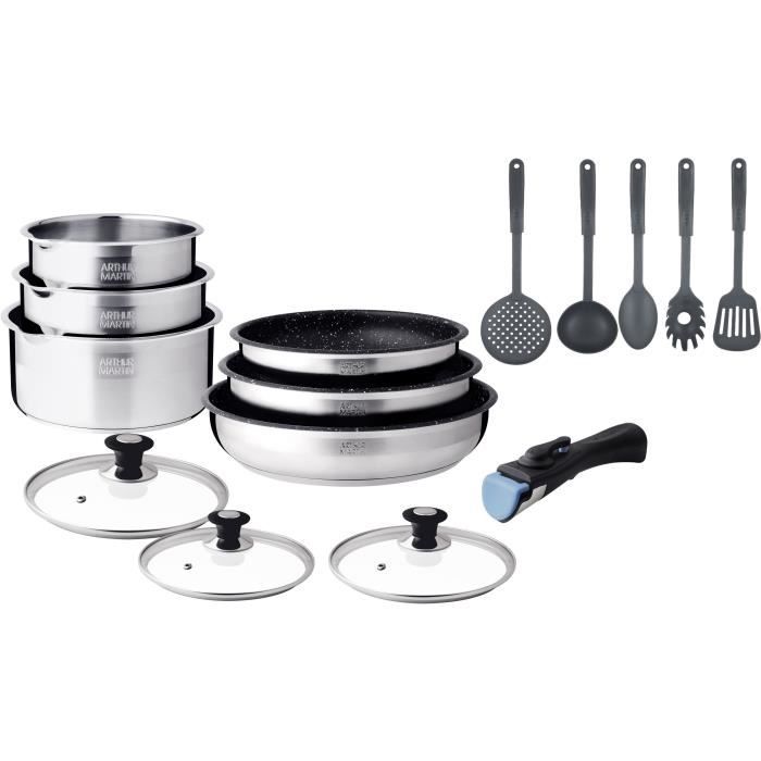 Batterie de cuisine induction - Arthur Martin - AM1275 - Acier inoxydable - 15 pieces - Poignée amovible - Tous feux dont induction
