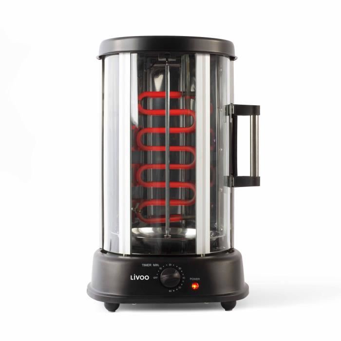 Grill vertical - LIVOO - DOM323 - 1500W - Jusqu'a 2,5 Kg - 1 broche centrale et 10 brochettes de 23 cm - Minuterie et rotation 360°