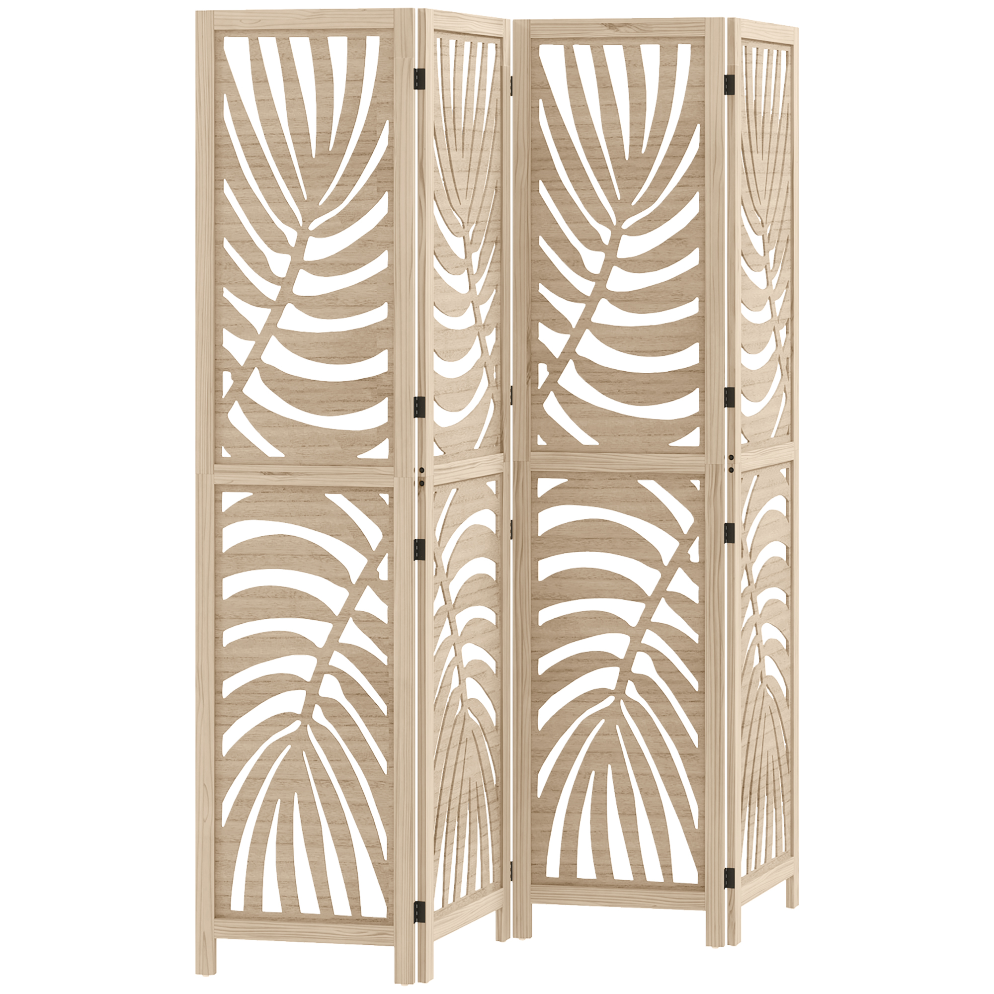 HOMCOM Biombo Interior em Madeira 4 Painéis 160x170 cm Dobrável e Portátil Padrão de Folha Design Removível Madeira Natural Aosom Portugal