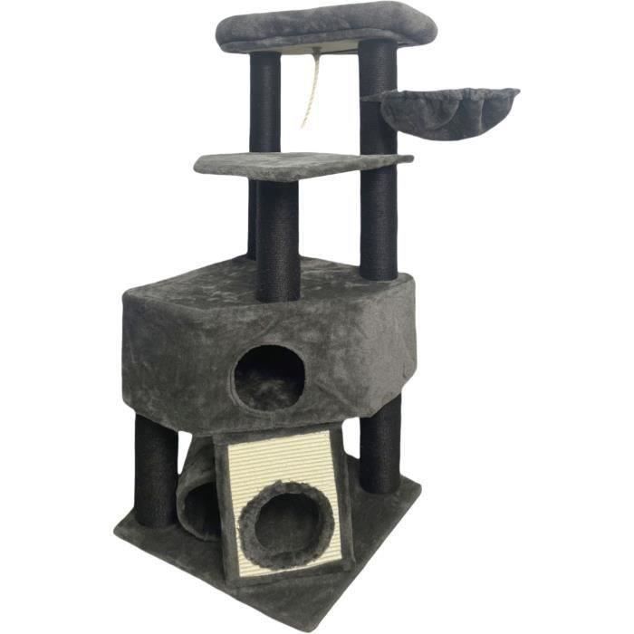 GUILY Arbre a chat stable - Idéal chats taille moyens - 50 x 50 x 141 cm - Gris foncé - 2 plateformes, 1 perchoir, 1 cabane, 1 rampe