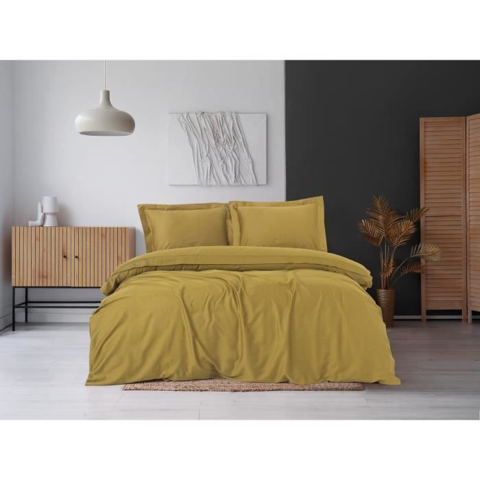 Parure de lit - 1 housse de couette 220 x 240 cm + 2 taies d'oreiller 60 x 60 cm - Satiné 100% coton - Moutarde