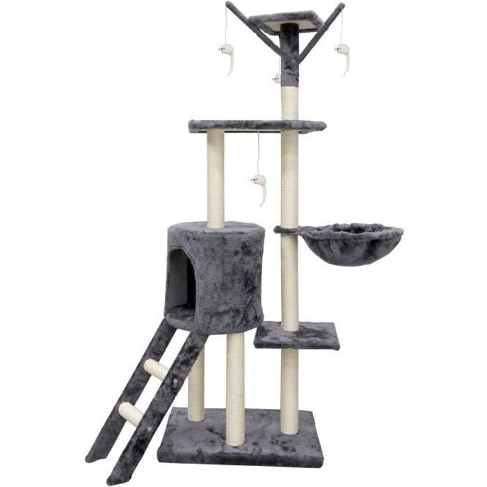 JIPSY Arbre a chat gris 79 x 34 x 138 cm - 3 plateformes, 1 perchoir, 1 niche, 1 escalier, poteaux a griffer