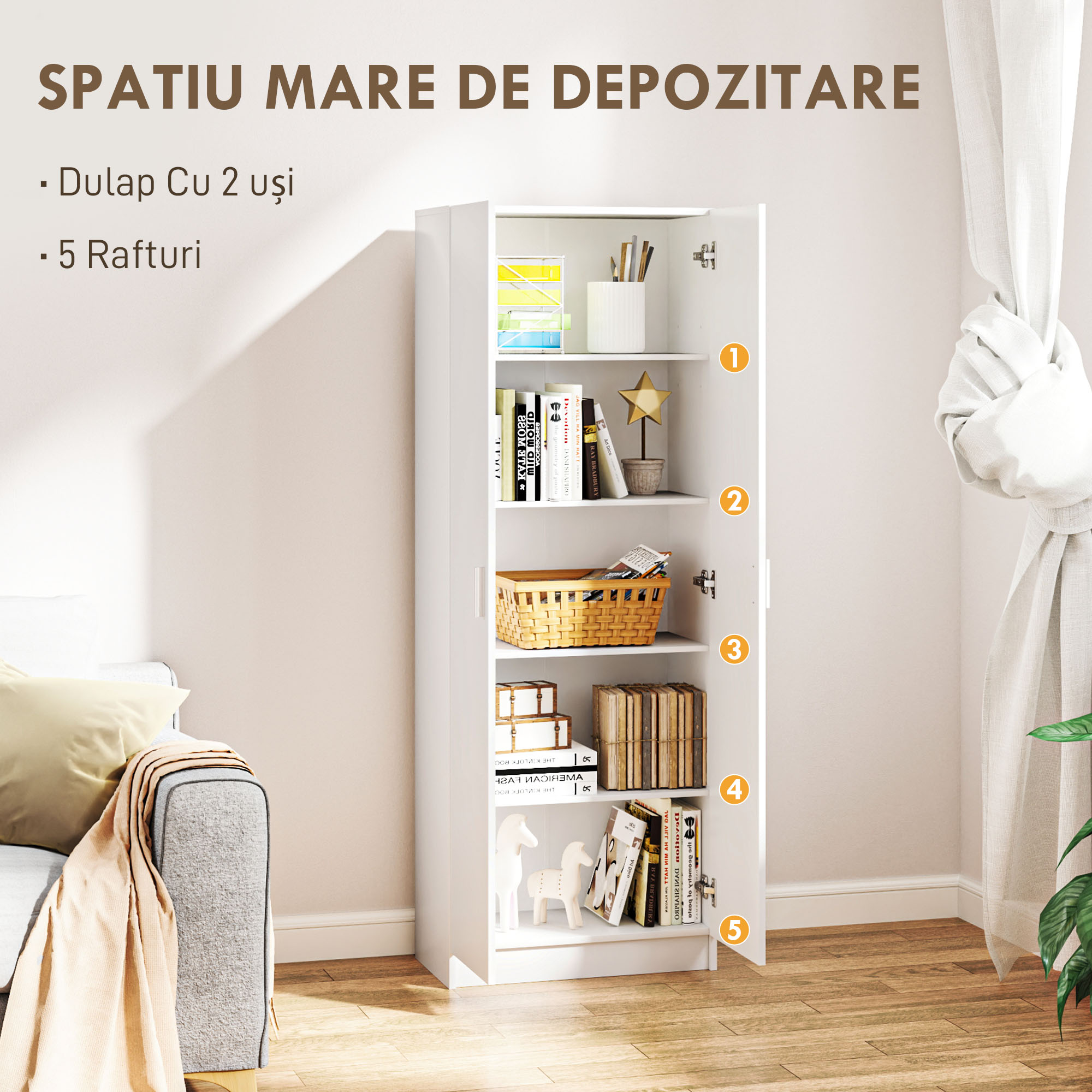  Dulap Multifunctional cu Usi Batante, 5 Rafturi si 3 Niveluri Reglabile, 60x31,5x165 cm, Alb [3]