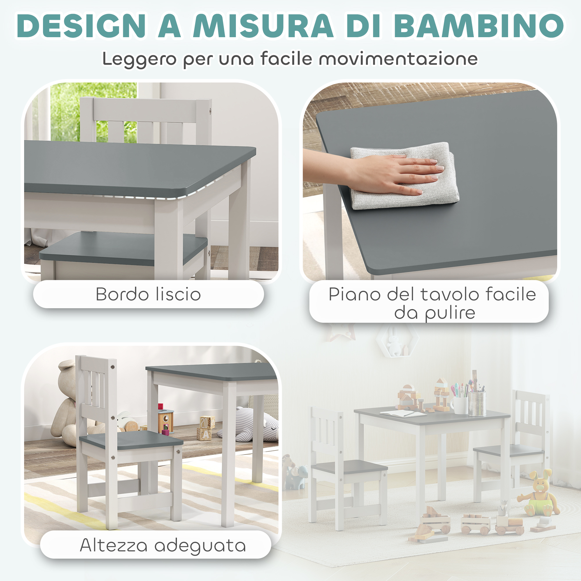 MAMIZO Set Tavolo E Sedie Per Bambini 3-8 Anni - Scrivania Multifunzione Con Lavagna Magnetica E Cassetti - Grigio