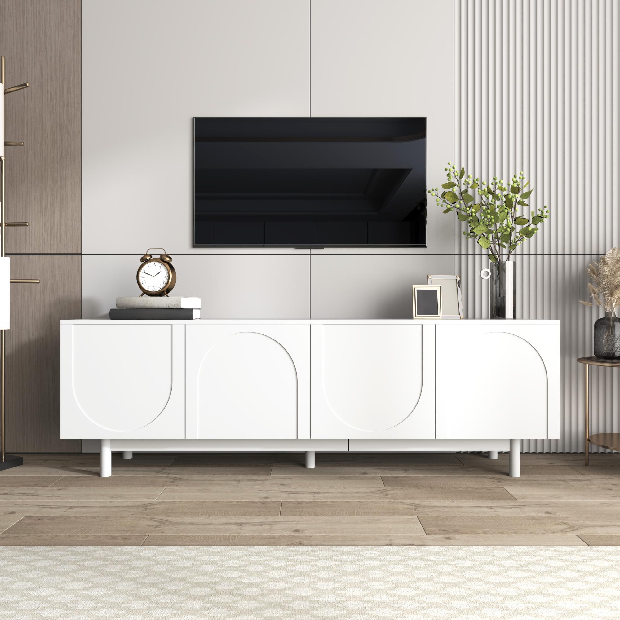 Modern Lowboard TV Cabinet with Push-to-Open Doors and Adjustable Shelves, Durable TV Stand for Living Room, 175L x 38W x 56H cm, White   Aosom UK