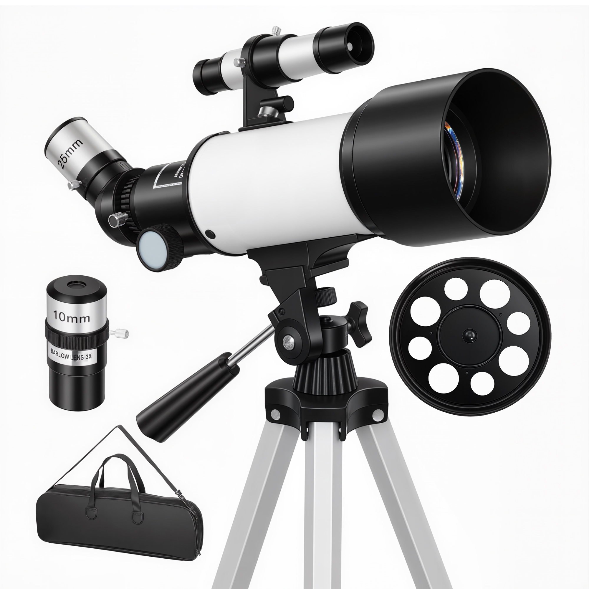 Telescopio astronómico Outsunny 70 mm — 40x/16x, trípode regulable, 80 x 80 x 135 cm, blanco