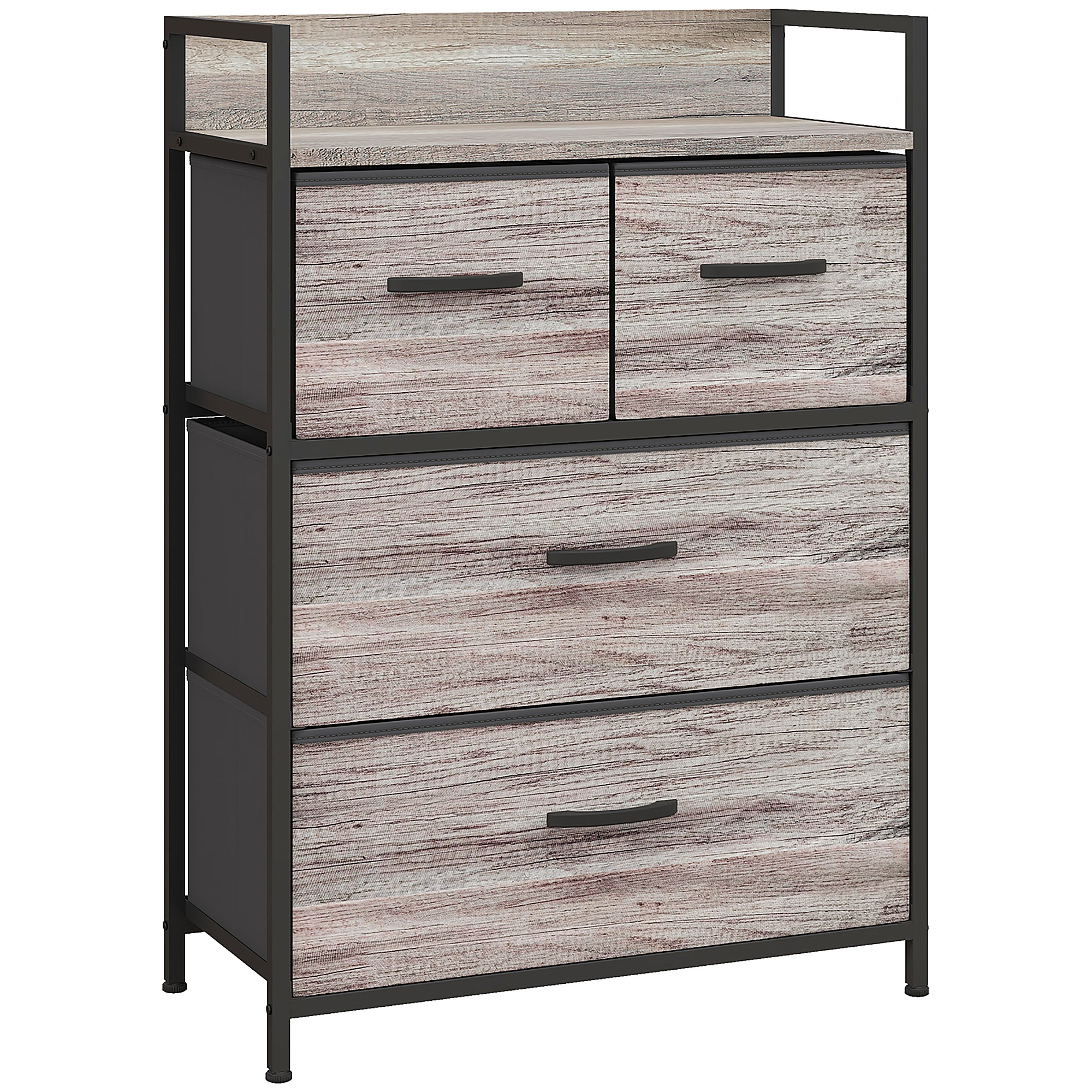 HOMCOM Kommode, 4 klappbare Stoff-Schubladen, Metallrahmen, offene Ablage – Industrie-Look, Grau, 60 x 29 x 85 cm Aosom