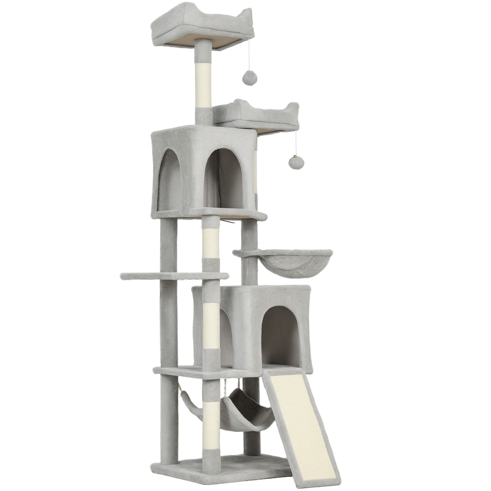PawHut Arranhador para Gatos Grande 177 cm Torre de Brincadeiras com 3 Plataformas e 2 Casas 48x40x177 cm Cinza Claro
