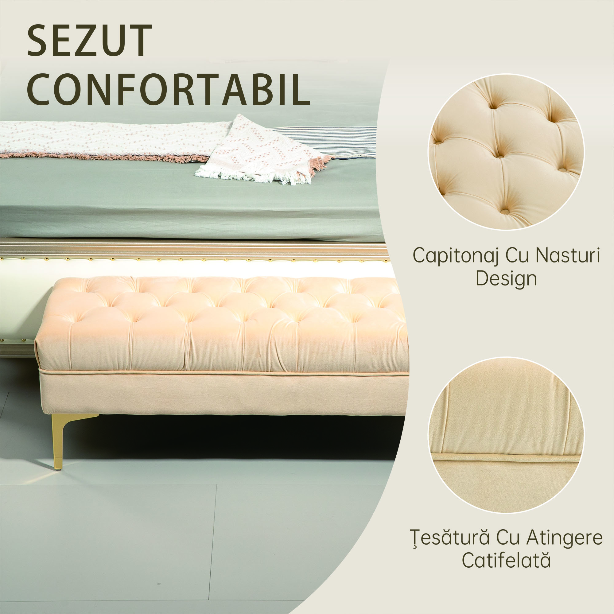  Banca cu Husa Capitonata, Banca Tapitata din Catifea cu Picioare Metalice, 118x45x42 cm, Bej [4]