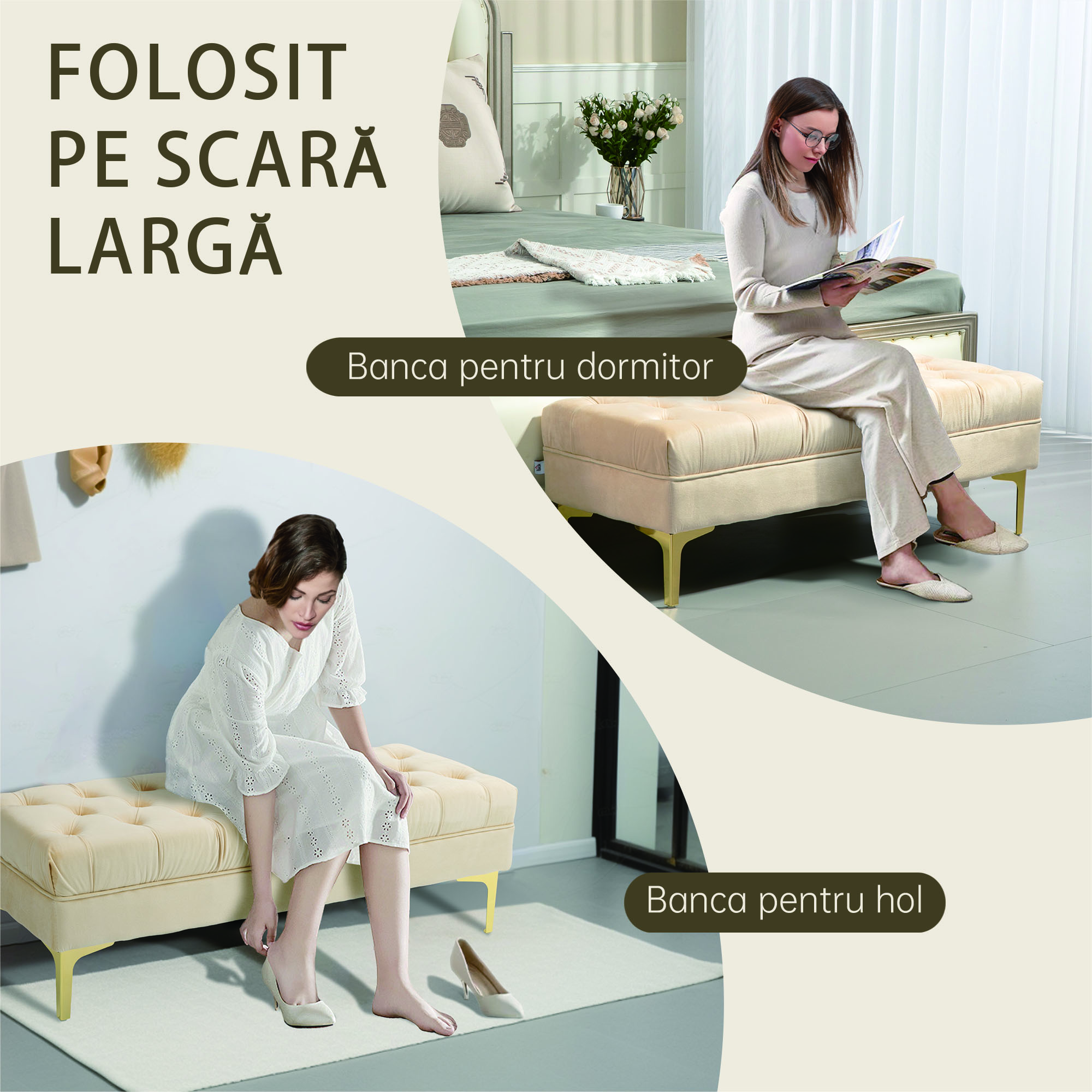  Banca cu Husa Capitonata, Banca Tapitata din Catifea cu Picioare Metalice, 118x45x42 cm, Bej [3]