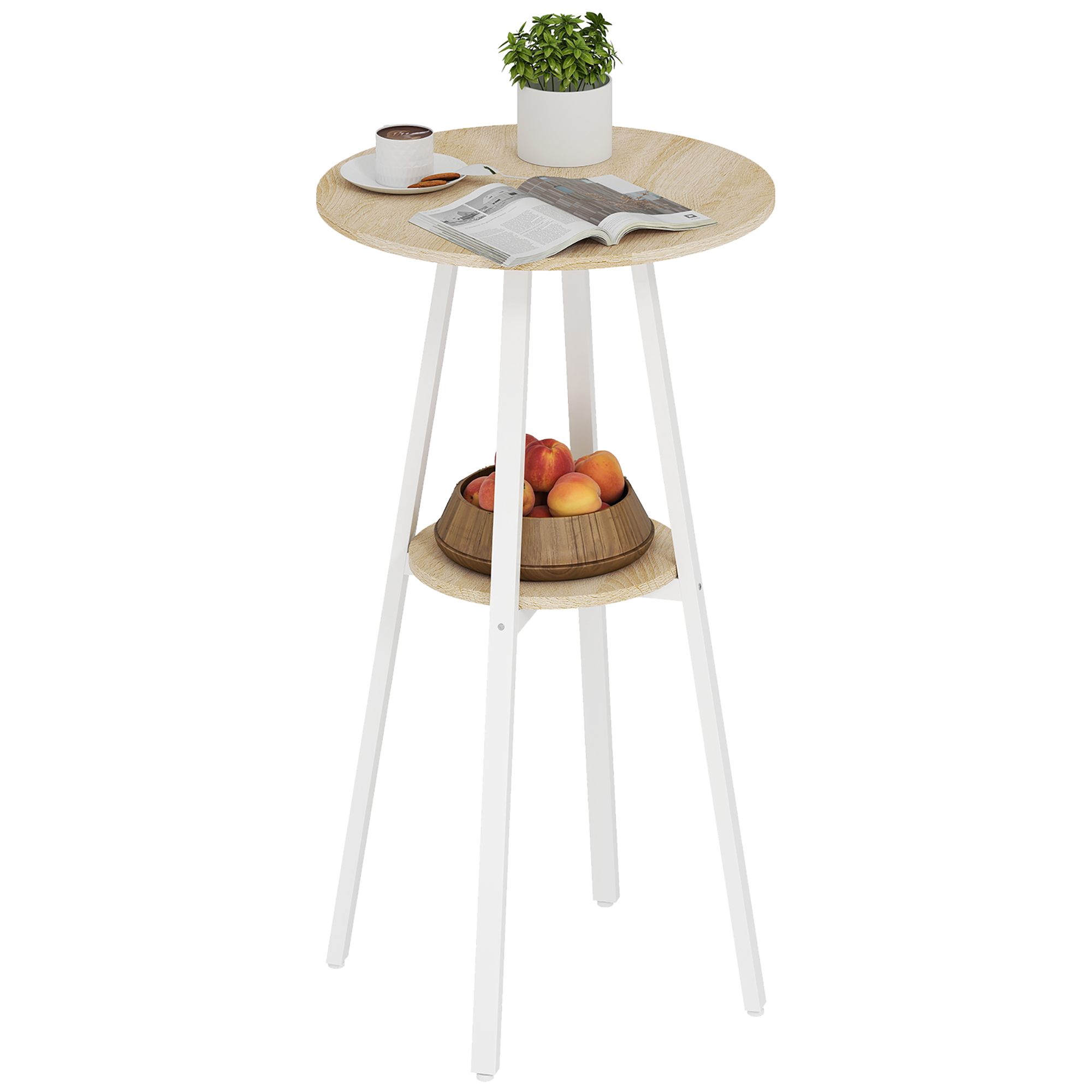 Table Haute Ronde avec Rangement HOMCOM - Ø55 x H95 cm, Bois Naturel/Blanc