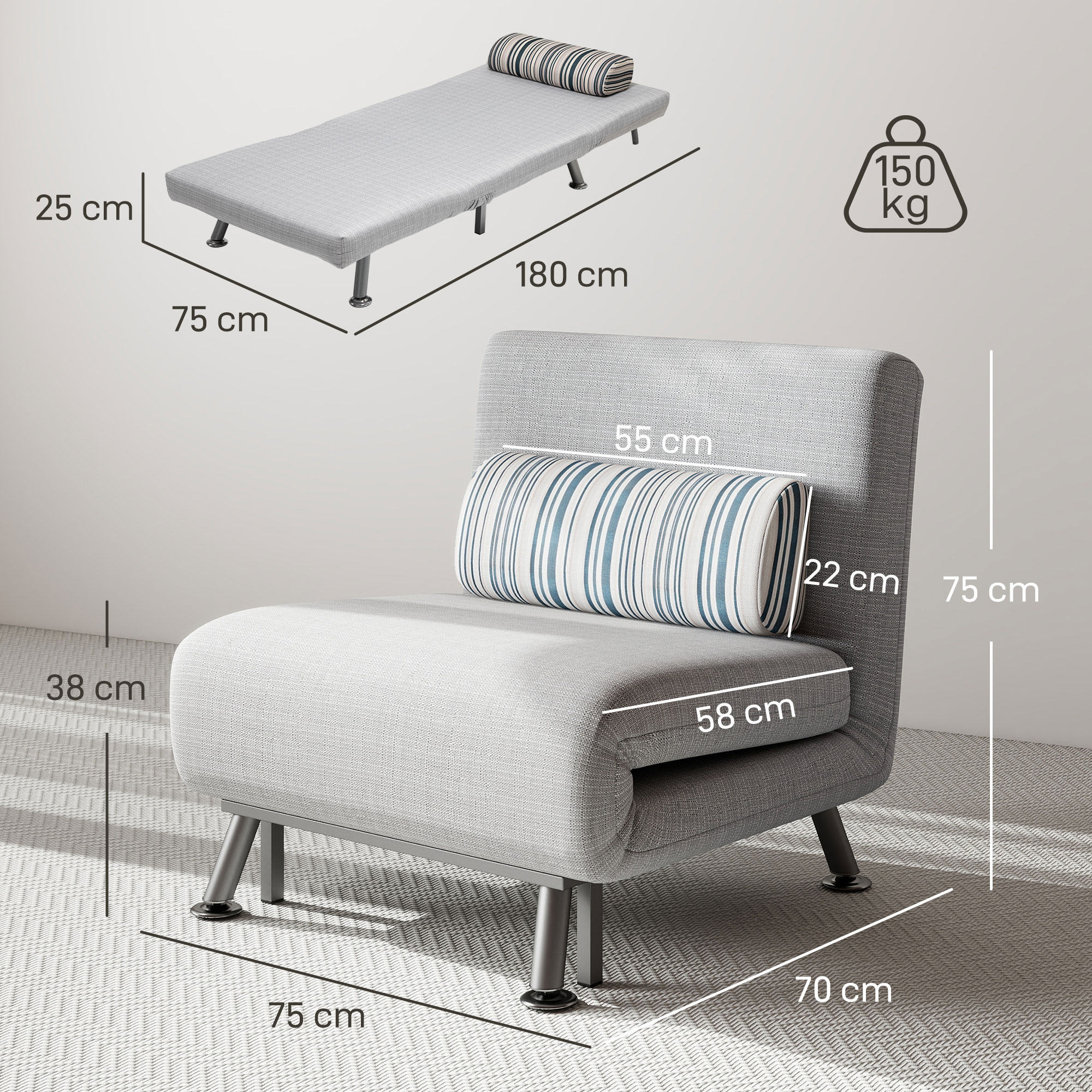 HOMCOM opvouwbare vloerbank, fauteuilbed, vloerstoel, 5-traps verstelbaar, opklapbare fauteuil, slaapbank, slaapbank, eenpersoonsslaapbank, donkerblauw, 61 x 73 x 58 cm | Aosom