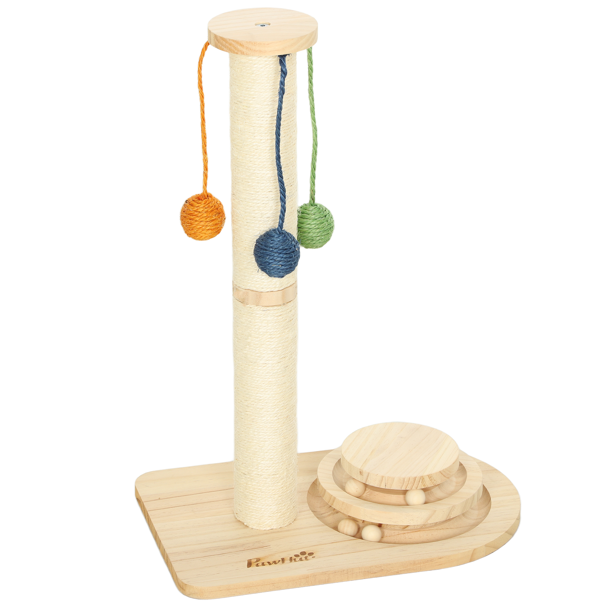 PawHut Poste Rascador para Gatos Altura 56,5 cm con 3 Bolas Colgantes Juguete de Pelota de Pista Madera Natural