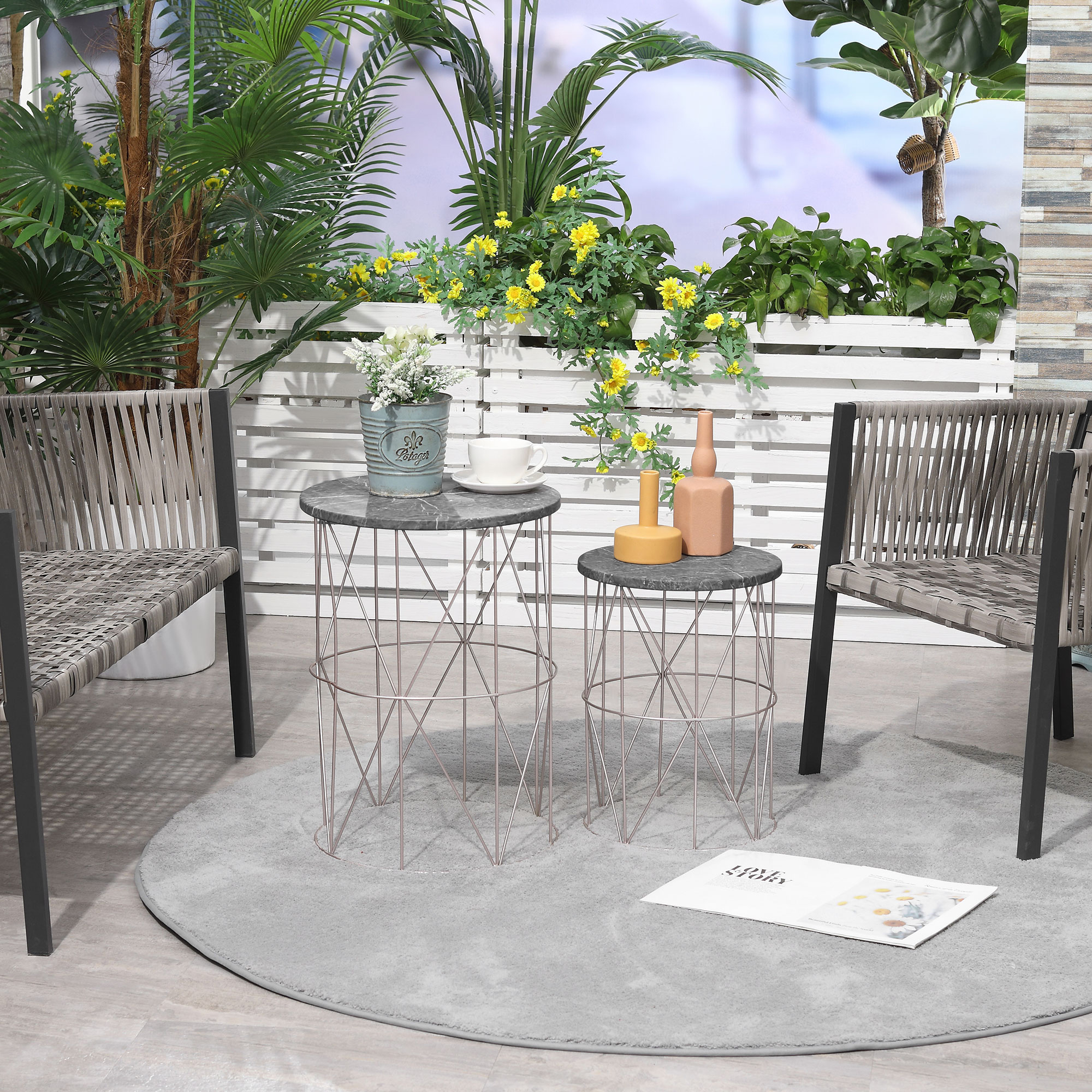 Outsunny 2er-Set Gartentisch Beistelltische Retro Couchtische mit Metallkor günstig online kaufen