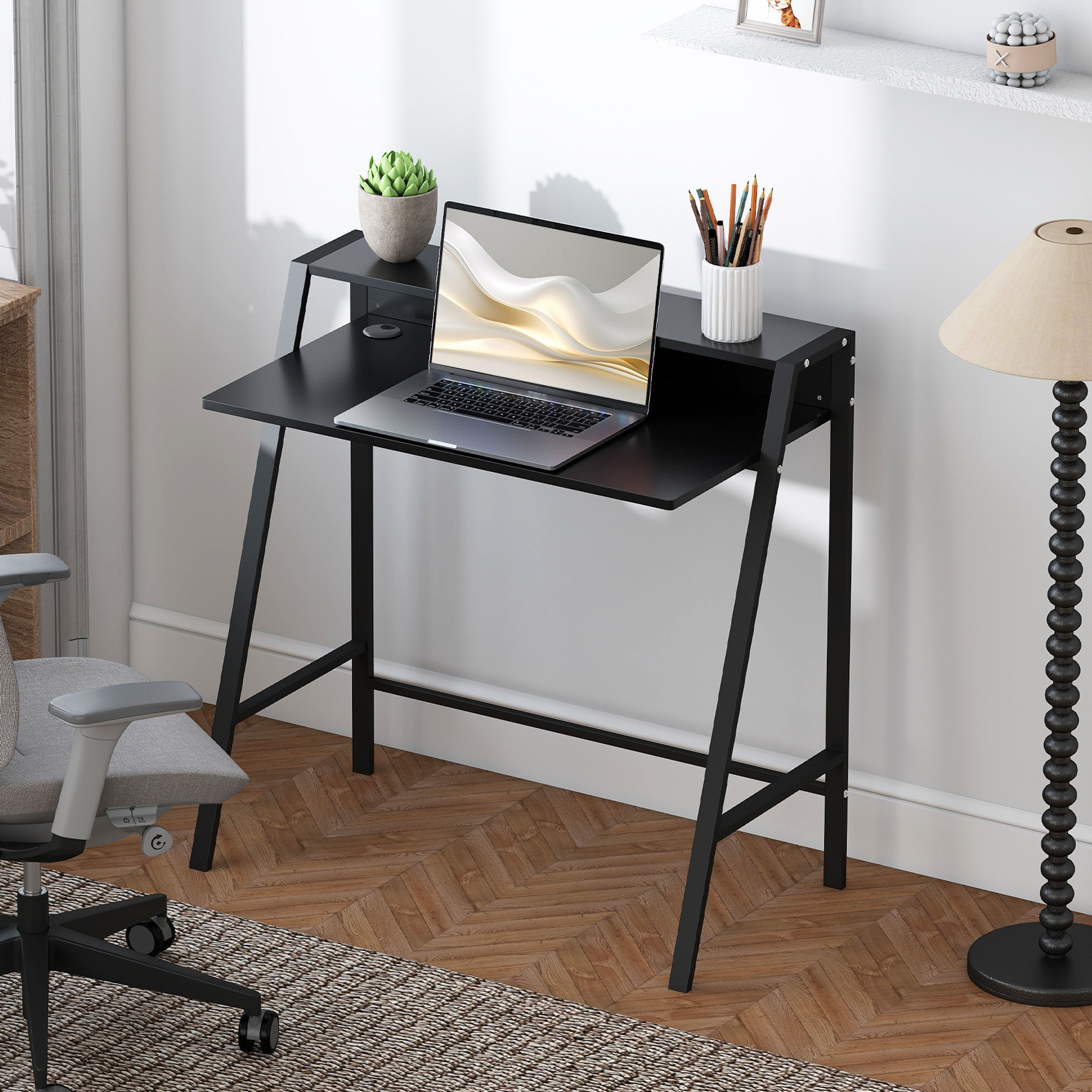 HOMCOM Bureau Computertafel met Kabeldoorvoer en Lade MDF Metaal Minimalistisch Design Walnootlook 84x45x85cm Zwart Werktafel | Aosom.nl