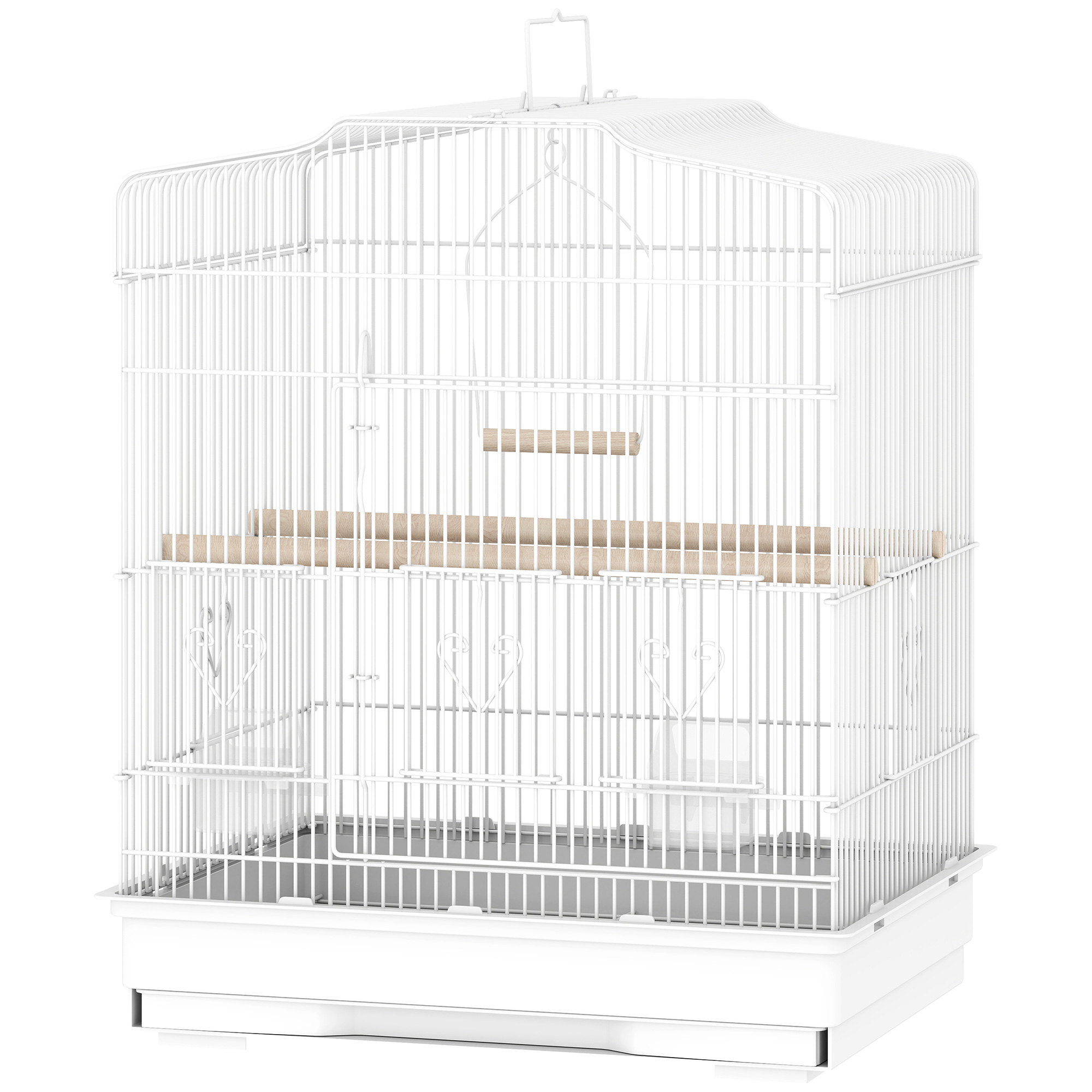 Comparer les prix de PawHut Cage pour petits oiseaux portable avec poignée, plateau extractible et 5 portes, perchoirs et balançoire, Blanc