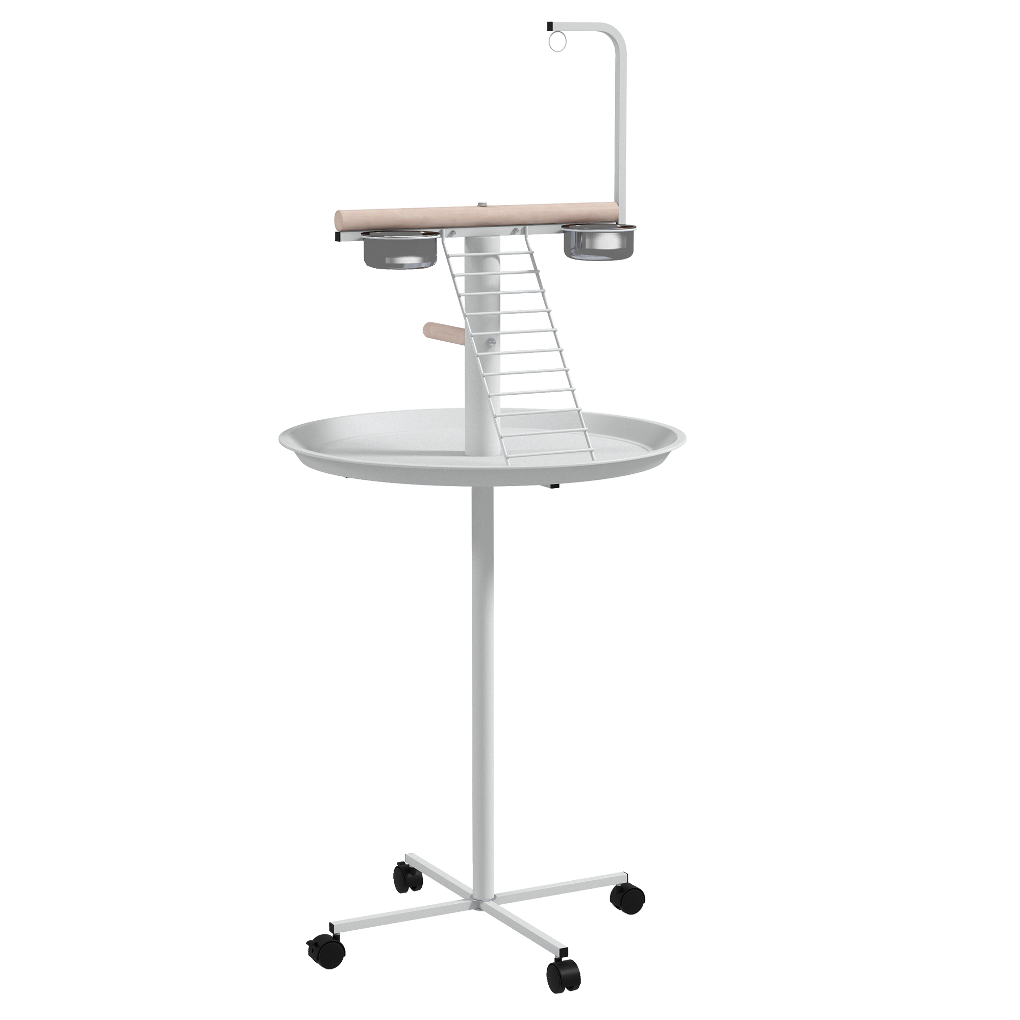 PawHut Comedero para Pájaros de Pie Ø60x138 cm con 4 Ruedas 2 Cuenco de Acero Inoxidable y 2 Perchas Blanco | Aosom España