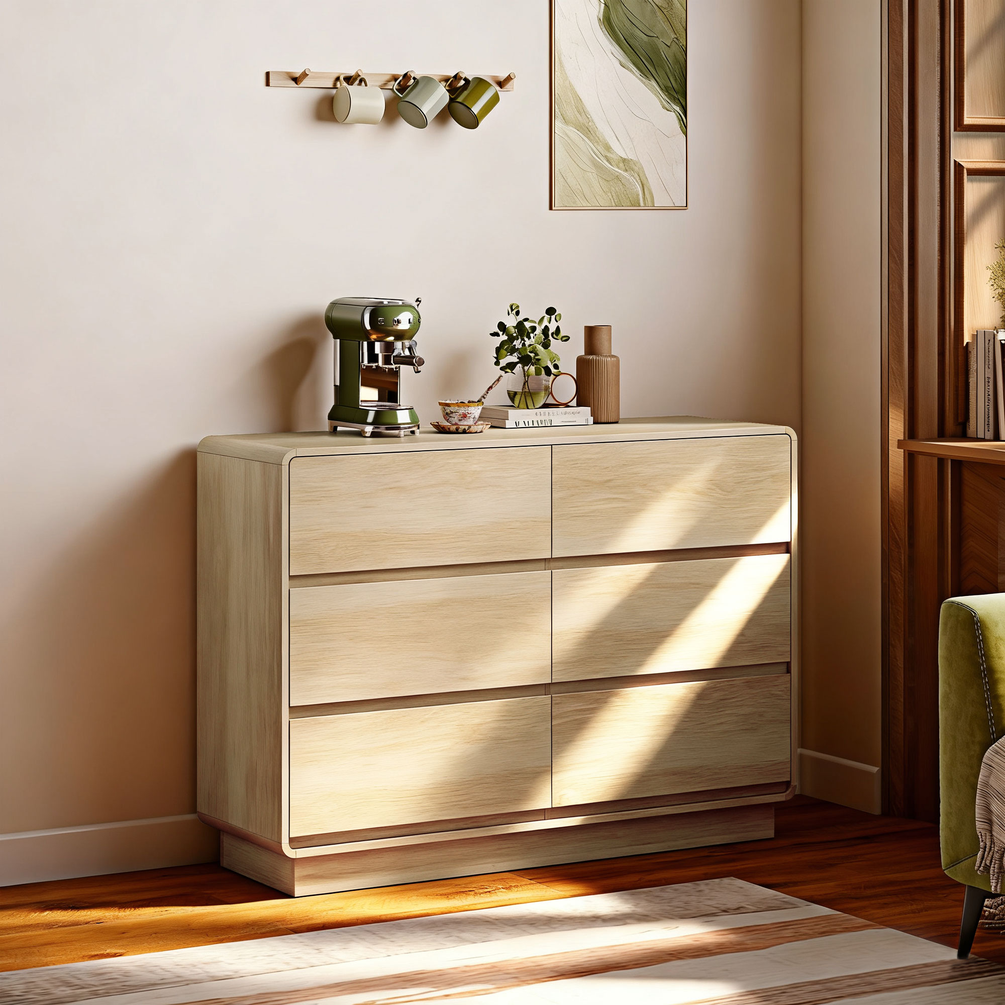 HOMCOM Buffet 6 tiroirs bords arrondis pour salon cuisine entrée bureau 120x38x86 cm Naturel