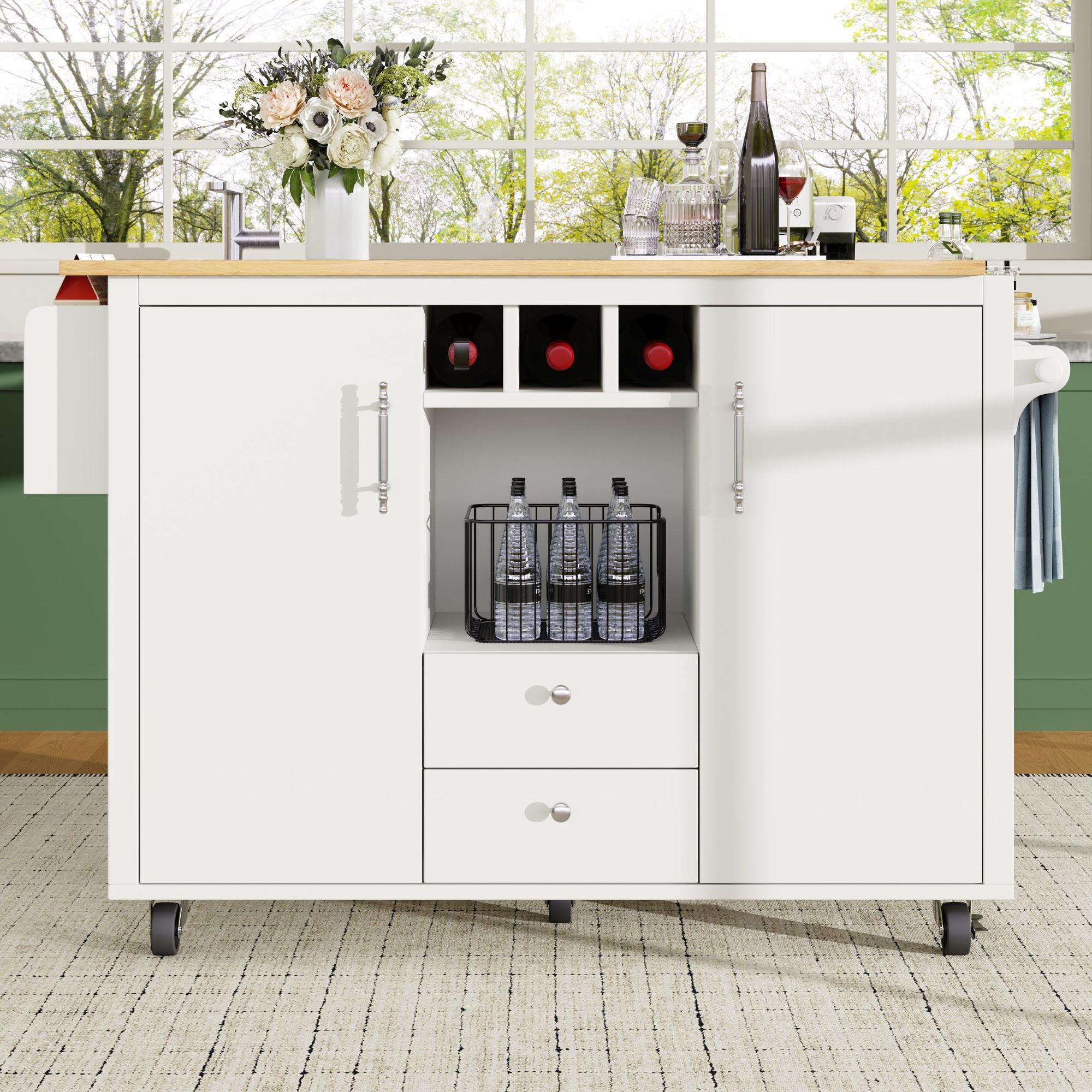 Kücheninsel mit Klapptisch, großer Stauraum, Weinregal, Handtuch- und Gewür günstig online kaufen