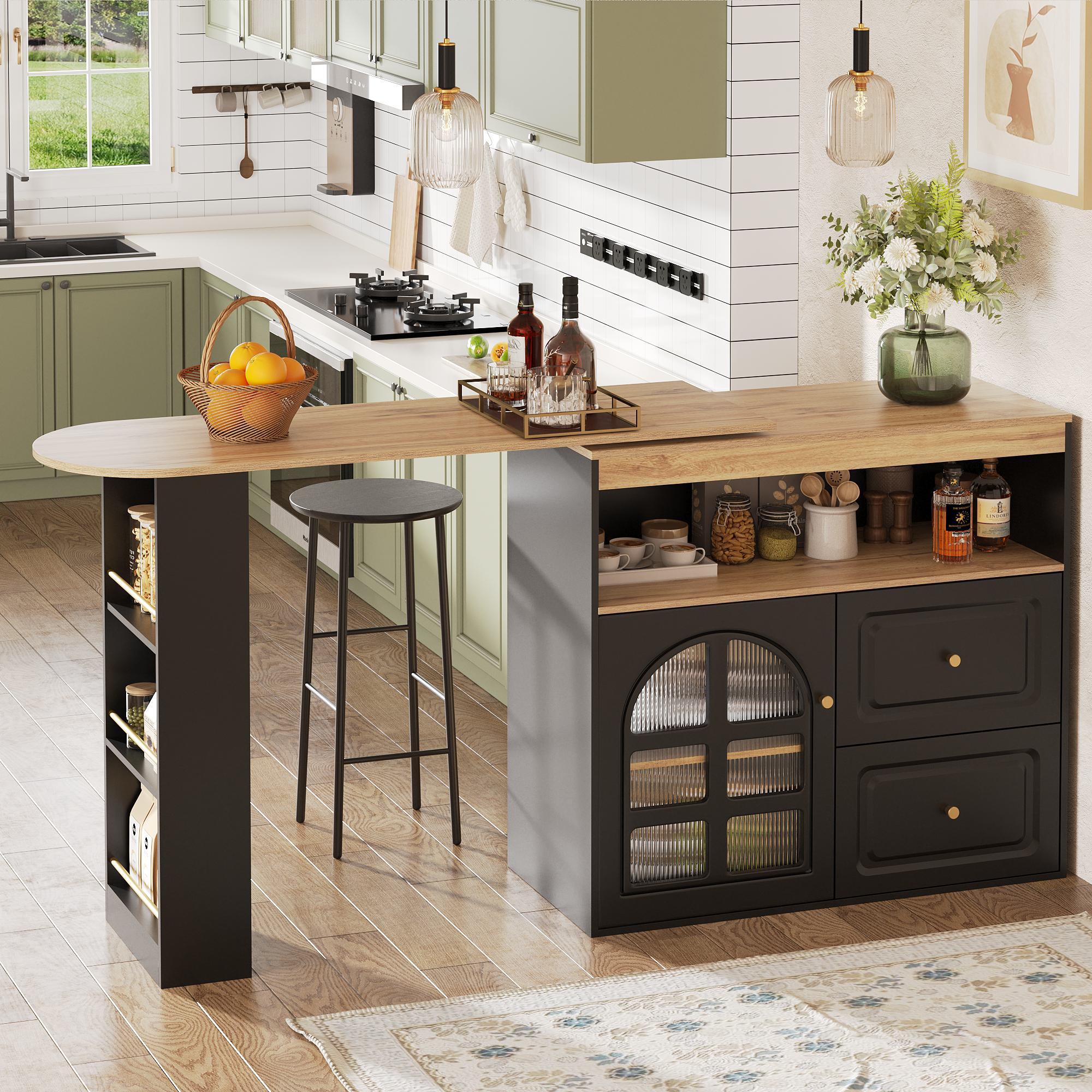 360° drehbarer Sideboardschrank, mit 2 Schubladen, Snackregal, Bogenglas, 1 günstig online kaufen