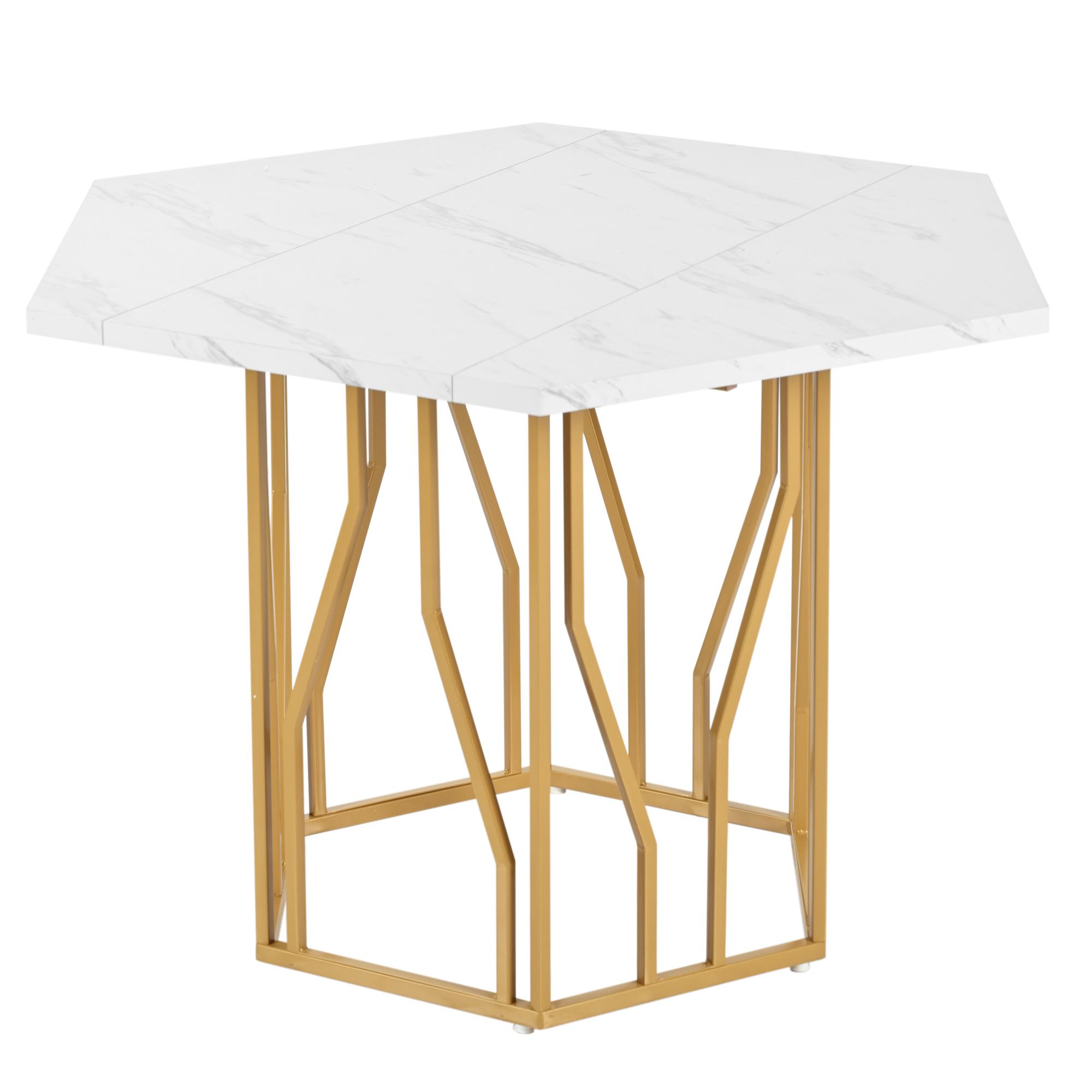 Masă de dining hexagonală modernă, cu picioare din metal aurii, 115,5x100x75 cm, Alb+Auriu