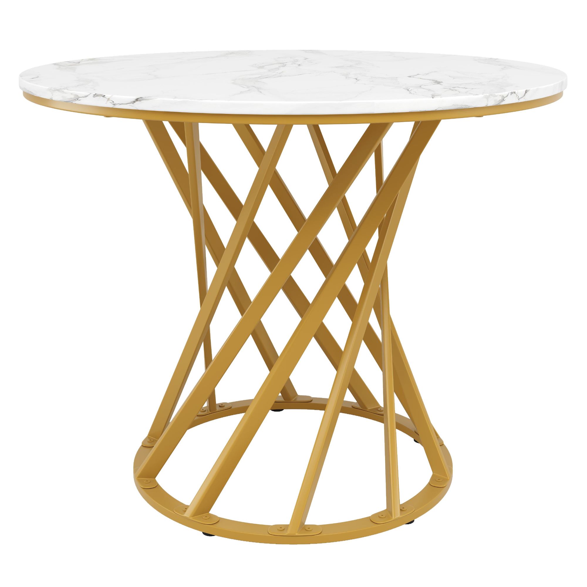 Masă rotundă de dining, masă de bucătărie cu blat din MDF și picioare metalice, 80x80x76 cm, Alb+Auriu