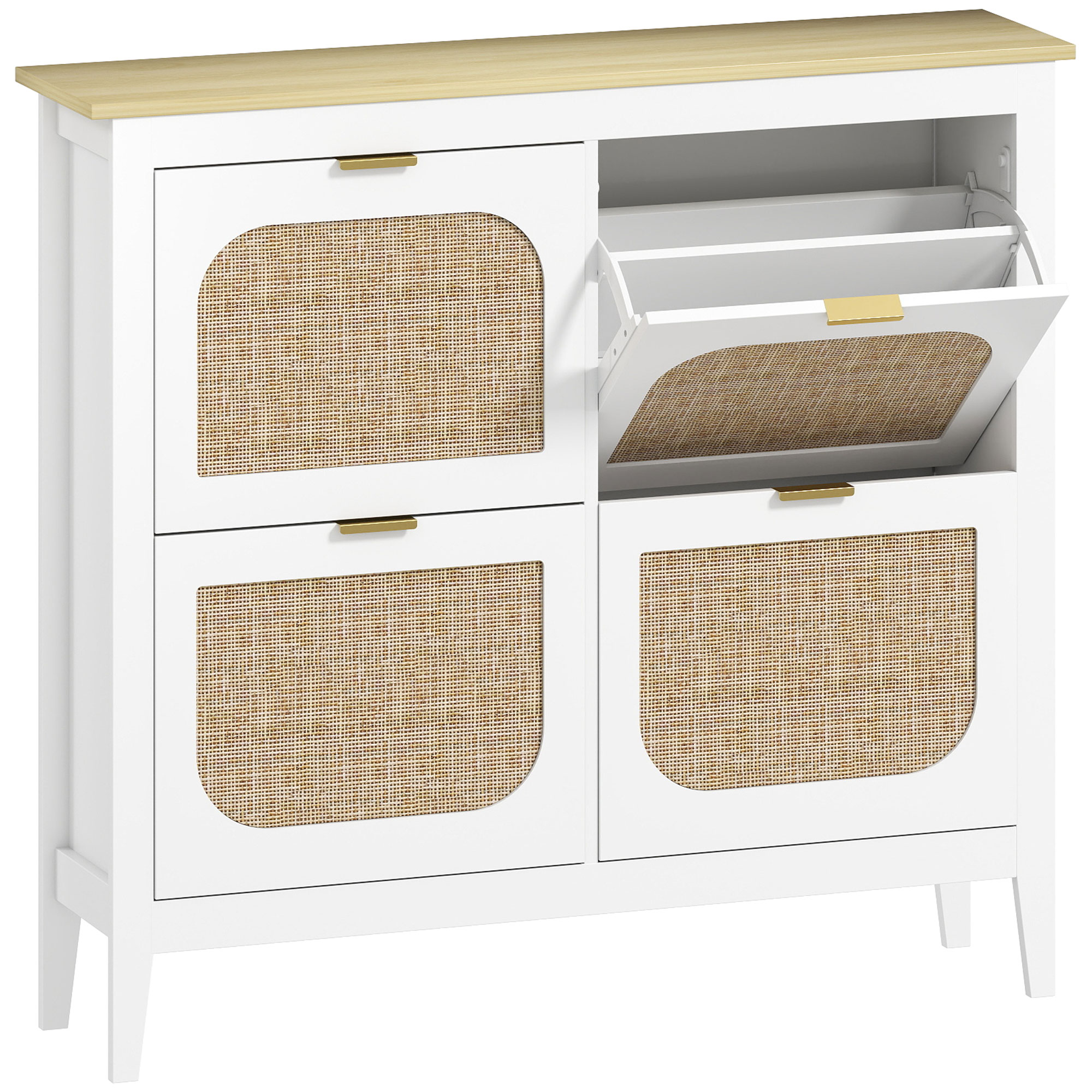 HOMCOM Zapatero Estrecho con 4 Puertas de Ratán Estantes Ajustables para 20 Pares de Zapatos 105x24x95,5 cm Blanco