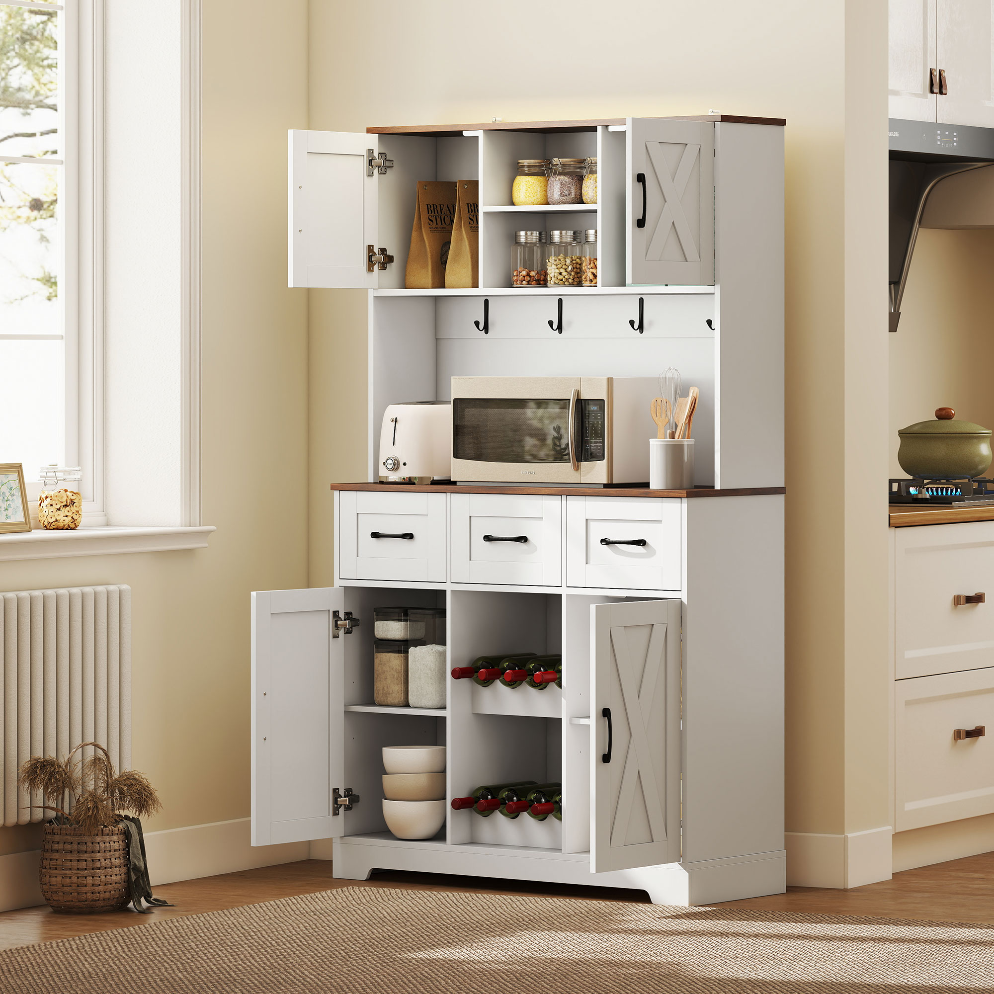 HOMCOM Armoire de Cuisine avec Casier à Bouteilles pour 8 Bouteilles 4 Portes 3 Tiroirs Plan de Travail Spacieux 100x38x172 cm Blanc