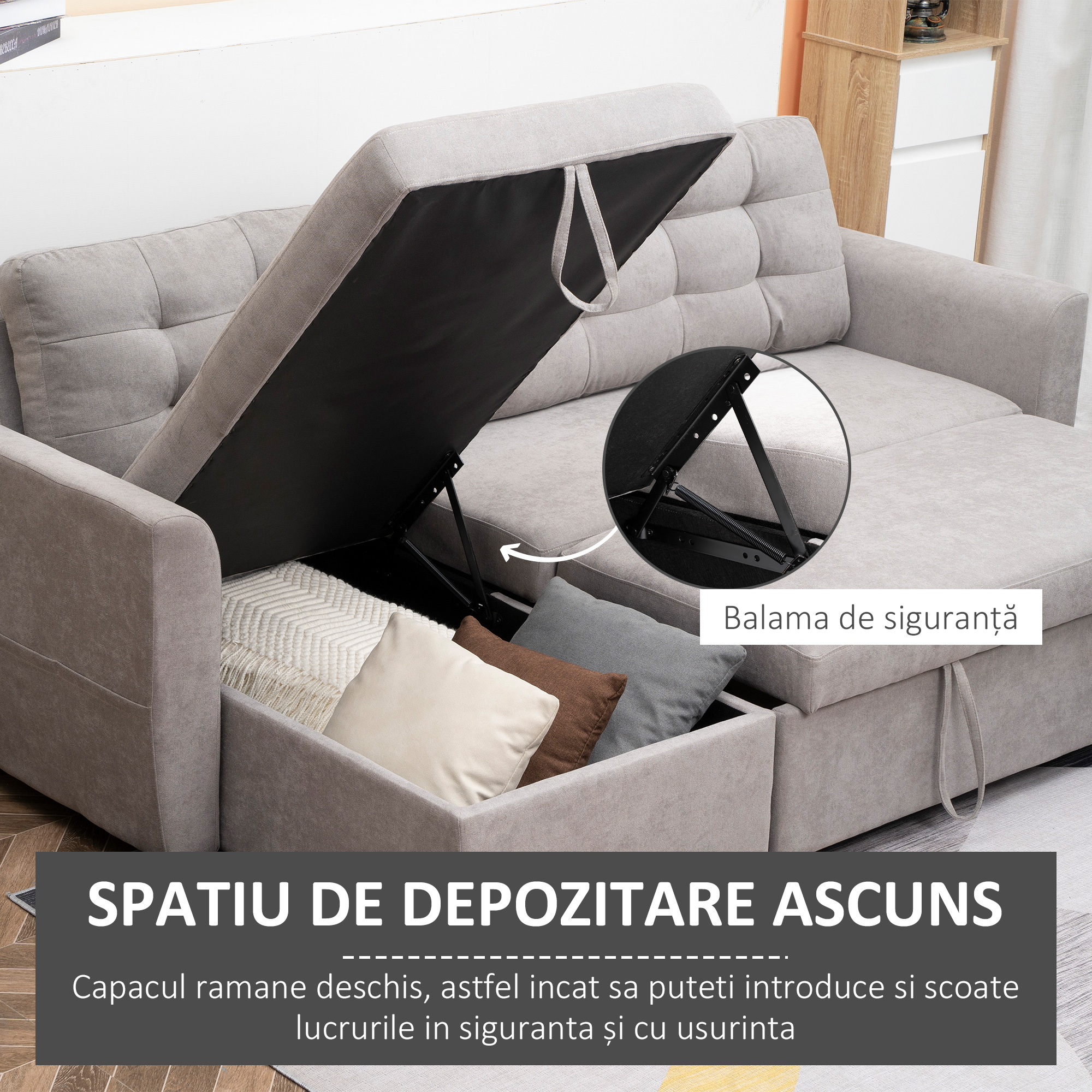  Canapea Extensibila pe Colt 3 locuri cu Sezlong Compartiment din Material Textil [5]