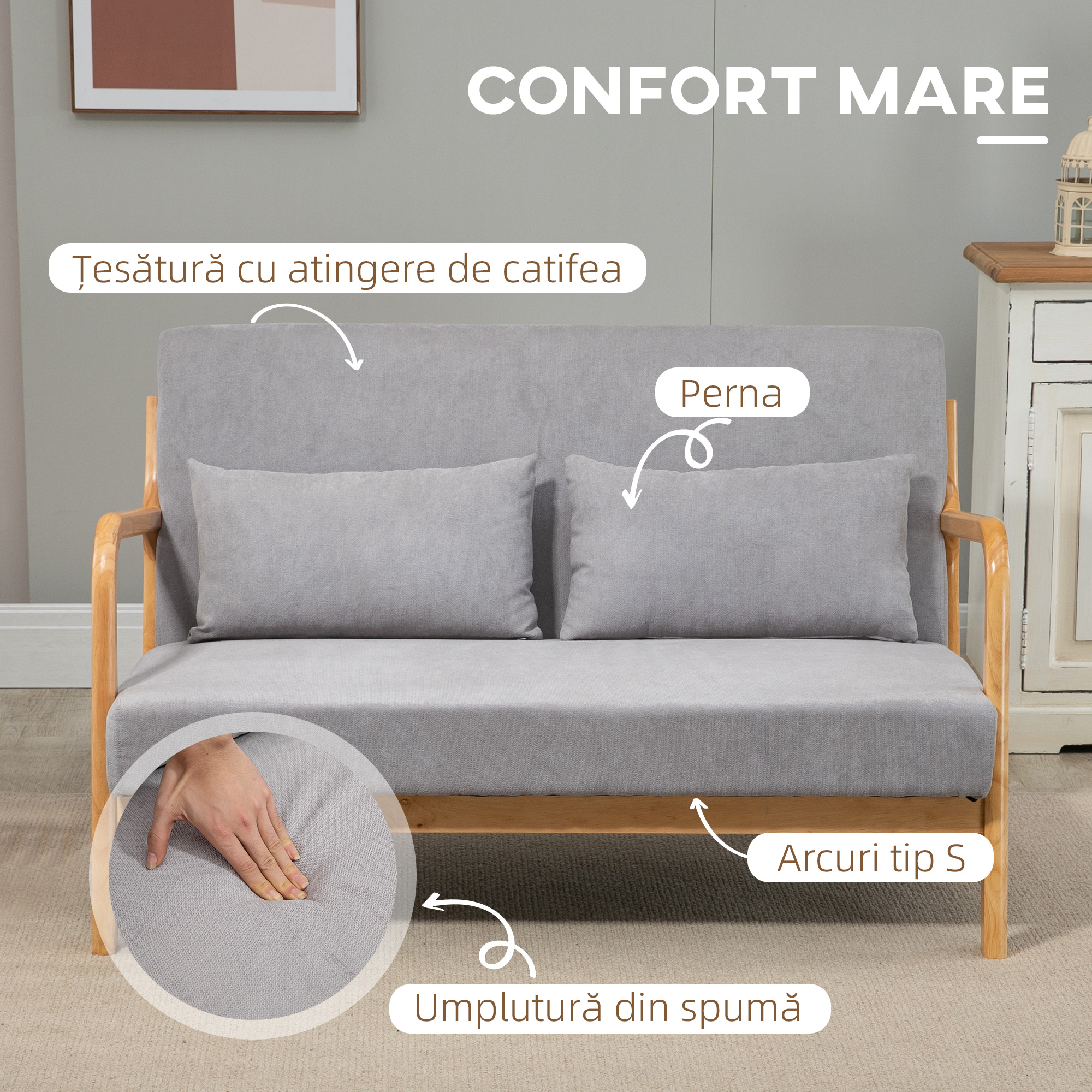  Canapea cu 2 locuri moderna din Lemn cu perne, tasatura cu efect de catifea, 122x80x72 cm, Gri [3]