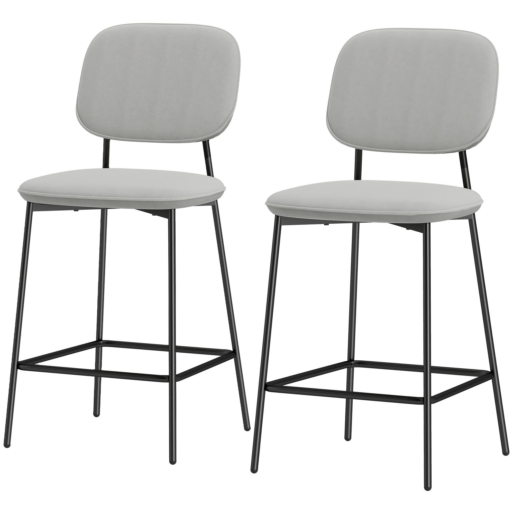 HOMCOM Lot de 2 tabourets de bar, tabourets bistro avec repose-pieds, revêtement en velours, pieds en acier, pour salle à manger, 45 x 49 x 102 cm, Gris clair