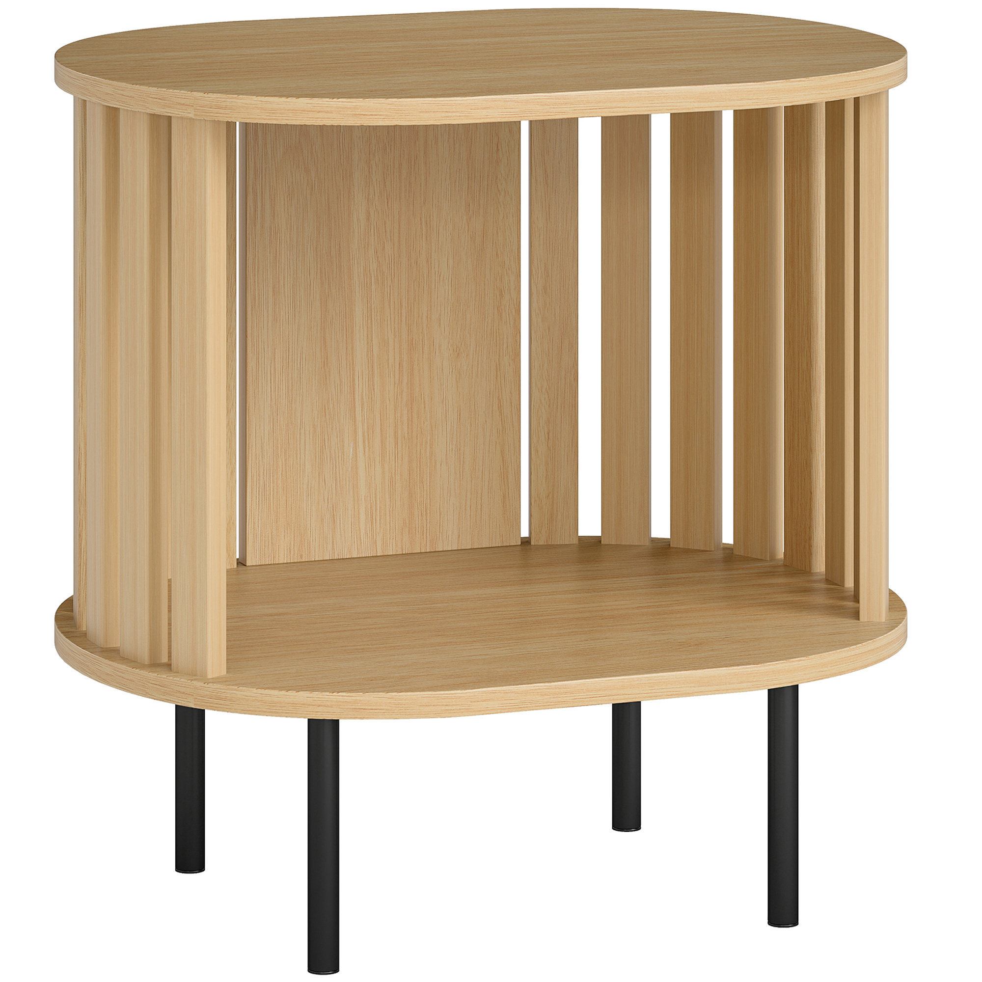 HOMCOM Mesa auxiliar ovalada mesa de extremo almacenamiento abierto patas de acero diseño de lamas 50x39x50cm efecto madera natural   Aosom España