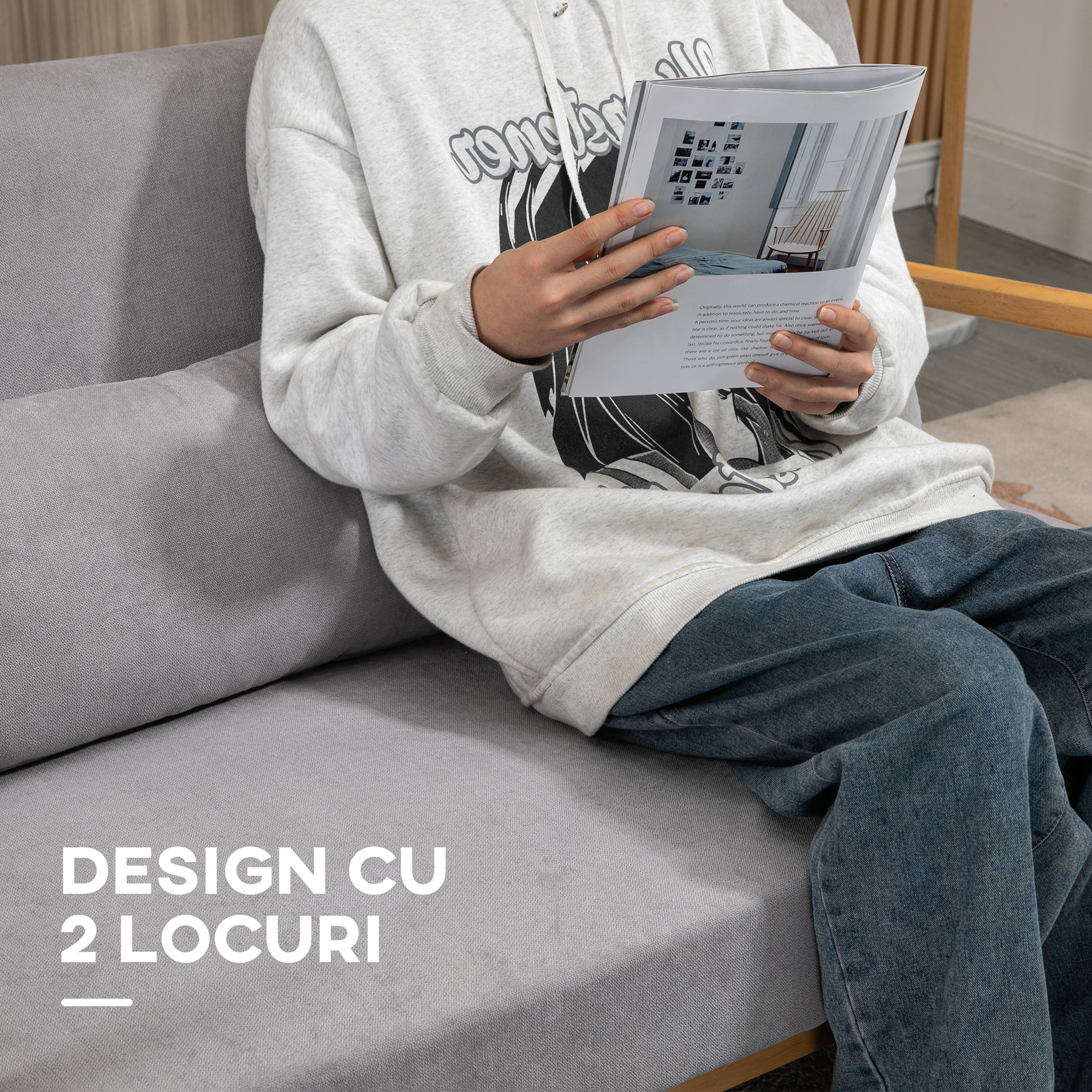  Canapea cu 2 locuri moderna din Lemn cu perne, tasatura cu efect de catifea, 122x80x72 cm, Gri [5]