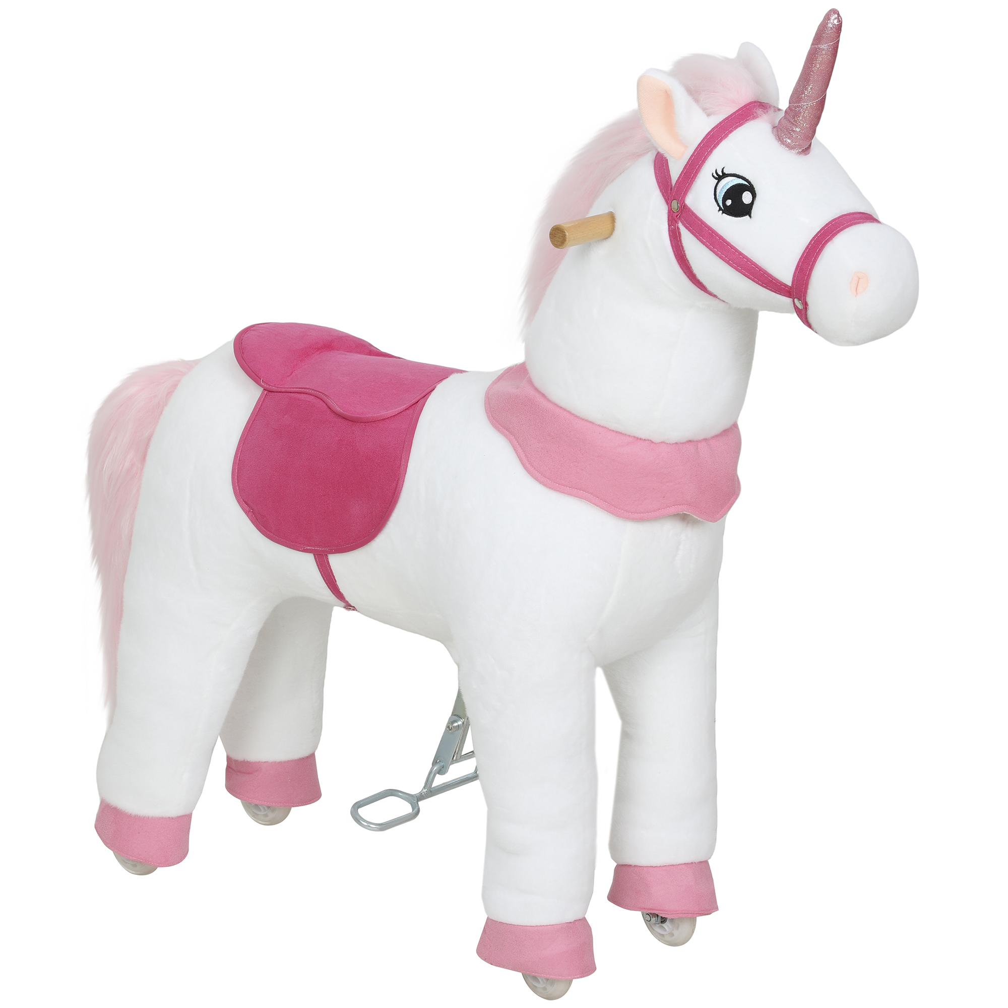AIYAPLAY Unicorno da cavalcare per bambini, rivestimento in tessuto, telaio stabile, ruote morbide, 3-5 anni, Bianco   Aosom Italy