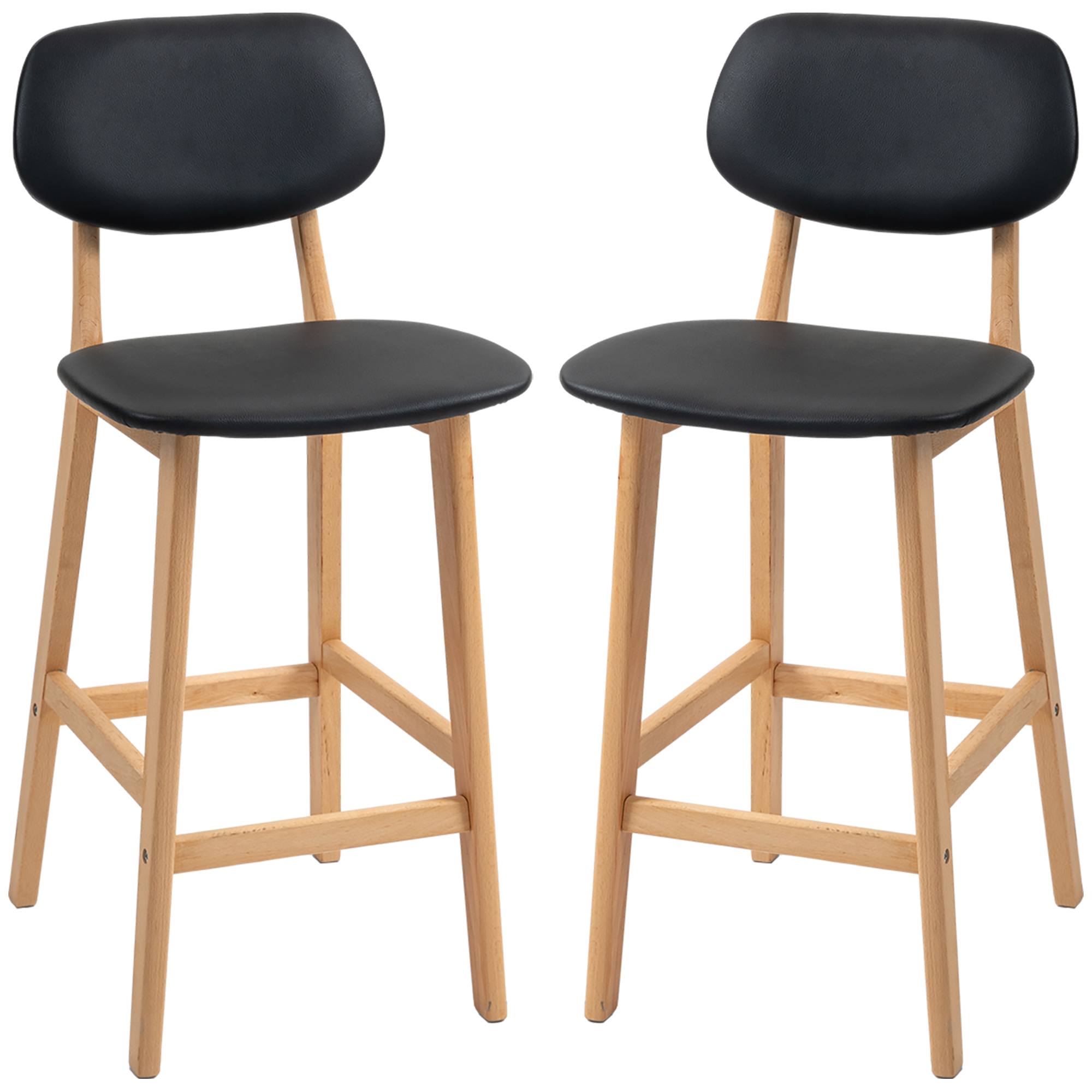 Lot de 2 tabourets de bar, chaises hautes, revêtement synthétique avec dossier et pieds en bois, noir