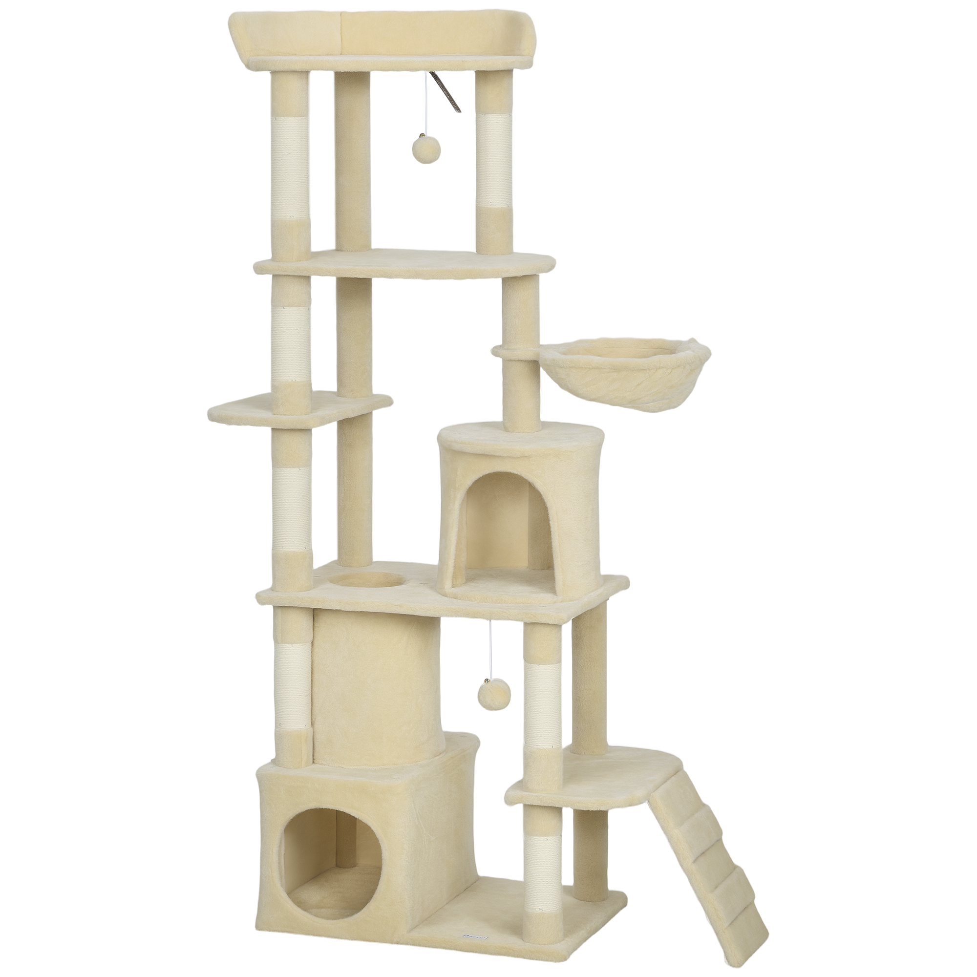 PawHut Árbol Rascador para Gatos Grande Altura 170 cm con 7 Postes 1 Túnel 3 Plataformas 2 Cuevas 1 Hamaca Beige