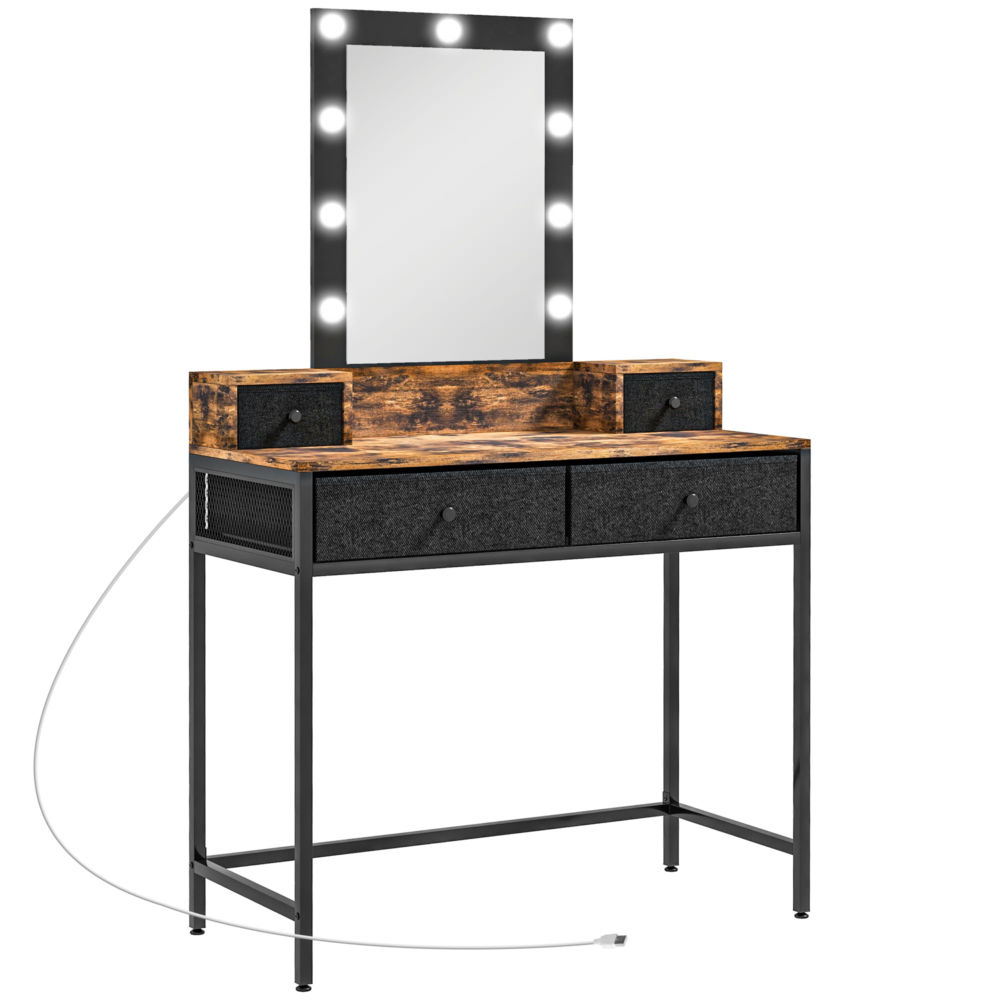 HOMCOM Coiffeuse table de maquillage miroir LED réglable intégré - pied en métal noir - 4 tiroirs en tissu - Aspect bois foncé HOMCOM Coiffeuse table de maquillage miroir LED réglable intégré - pied en métal noir - 4 tiroirs en tissu - Aspect bois foncé