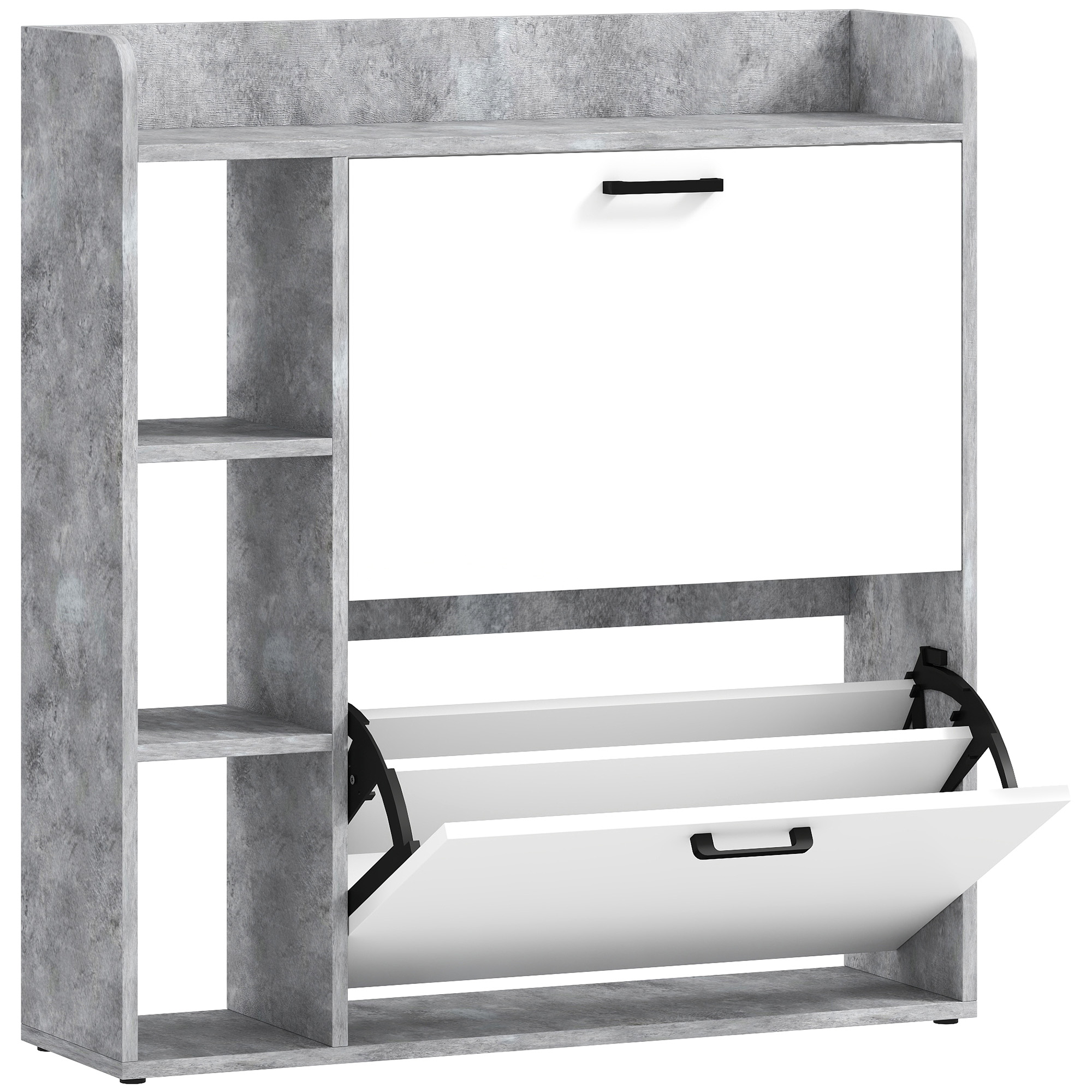 HOMCOM Zapatero Slim con 2 Cajones Abatibles y 3 Compartimentos Abiertos, Capacidad para 15 Pares, 83x24x90.5 cm, Gris