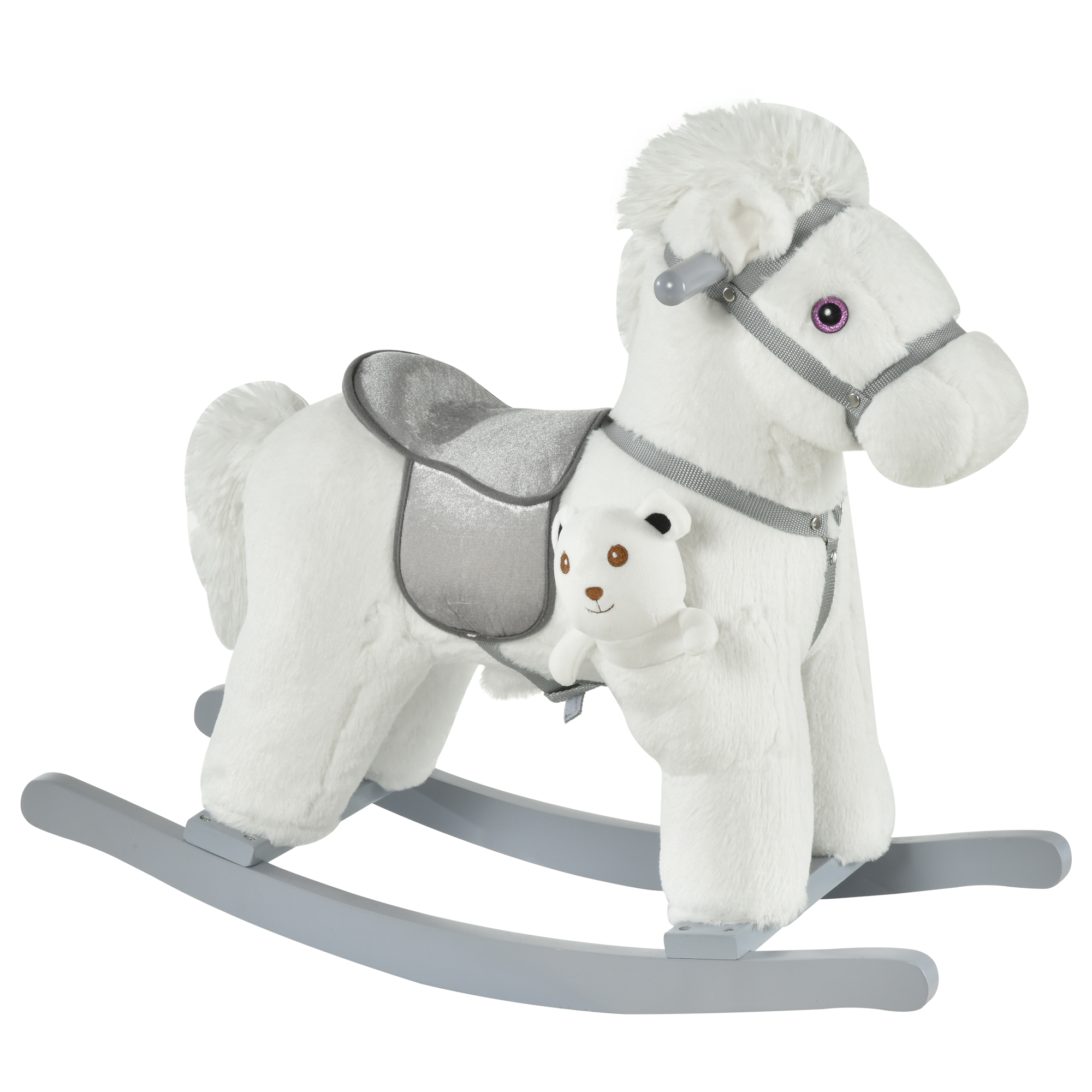 HOMCOM Kinder Schaukelpferd Baby Schaukeltier mit Tiergeräusche Spielzeug Haltegriffe für 18-36 Monate Plüsch Weiß 65 x 26 x 55 cm Aosom