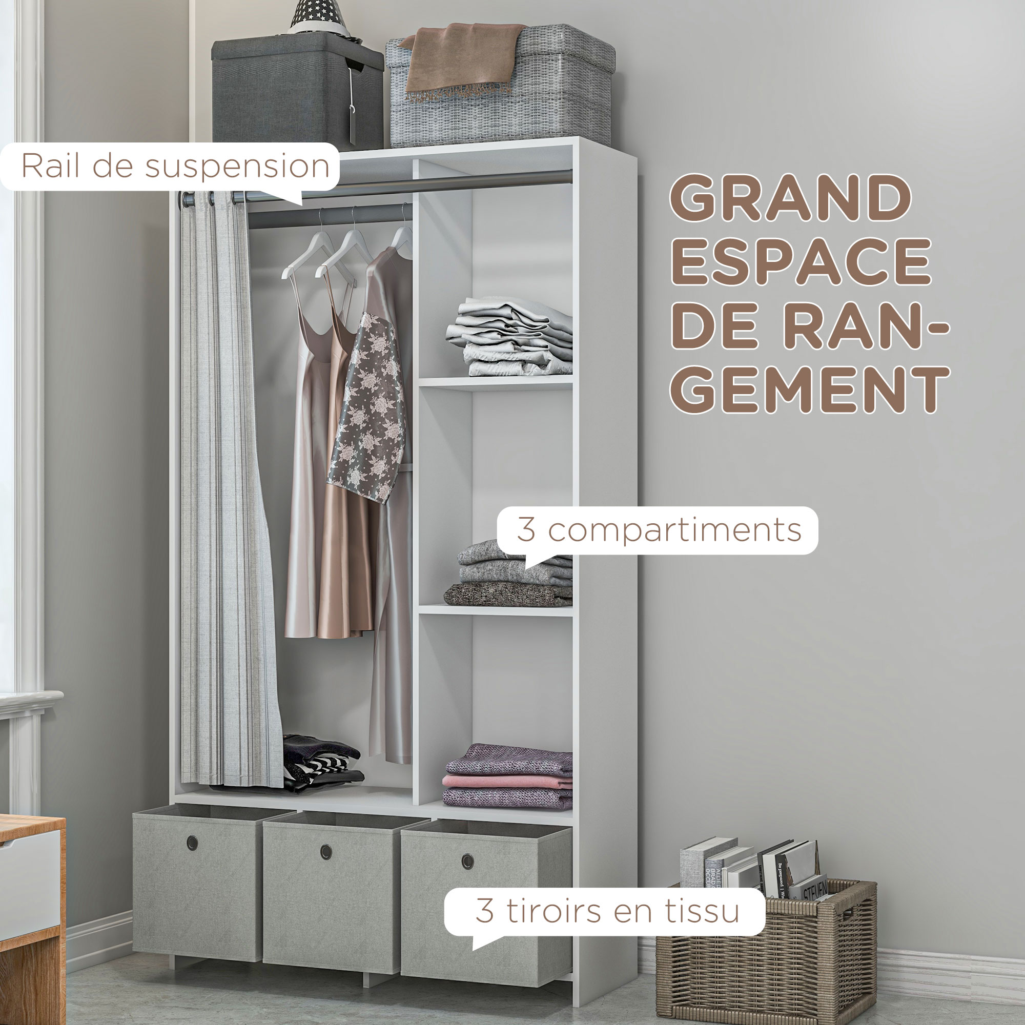 Grande Armoire De Rangement En Tissu 3 Portes Avec Penderie - FCH (174x149.5x44cm)